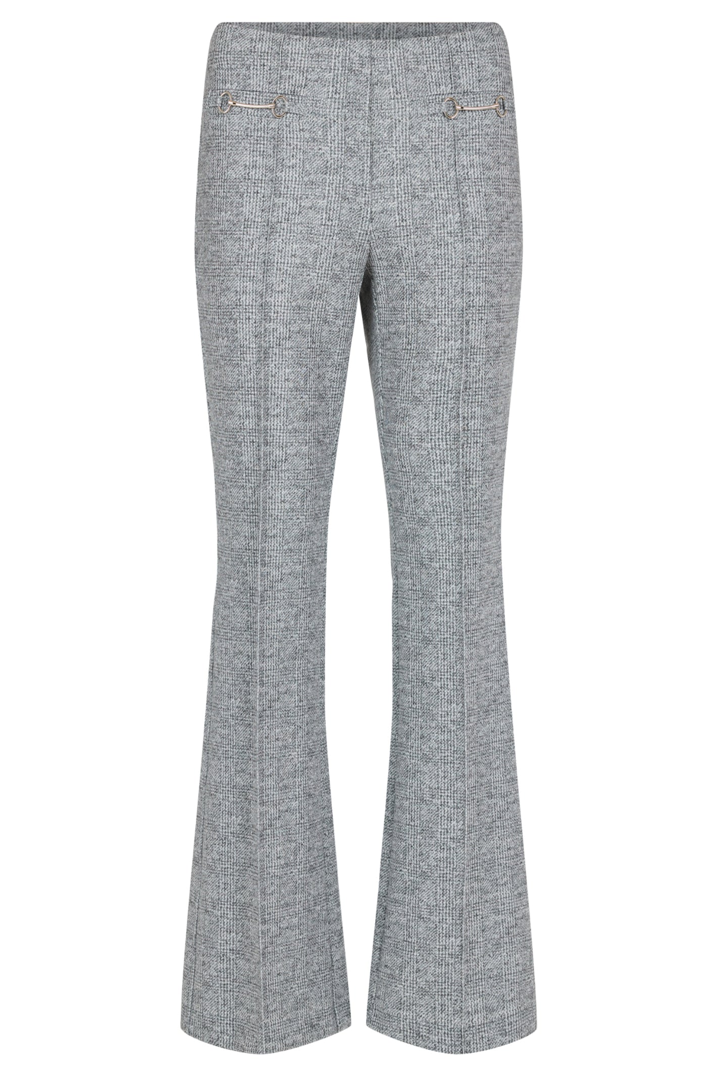Robell Joella 82cm silver check flared trousers with pull-on waistband and slim fit through the hips and thighs.