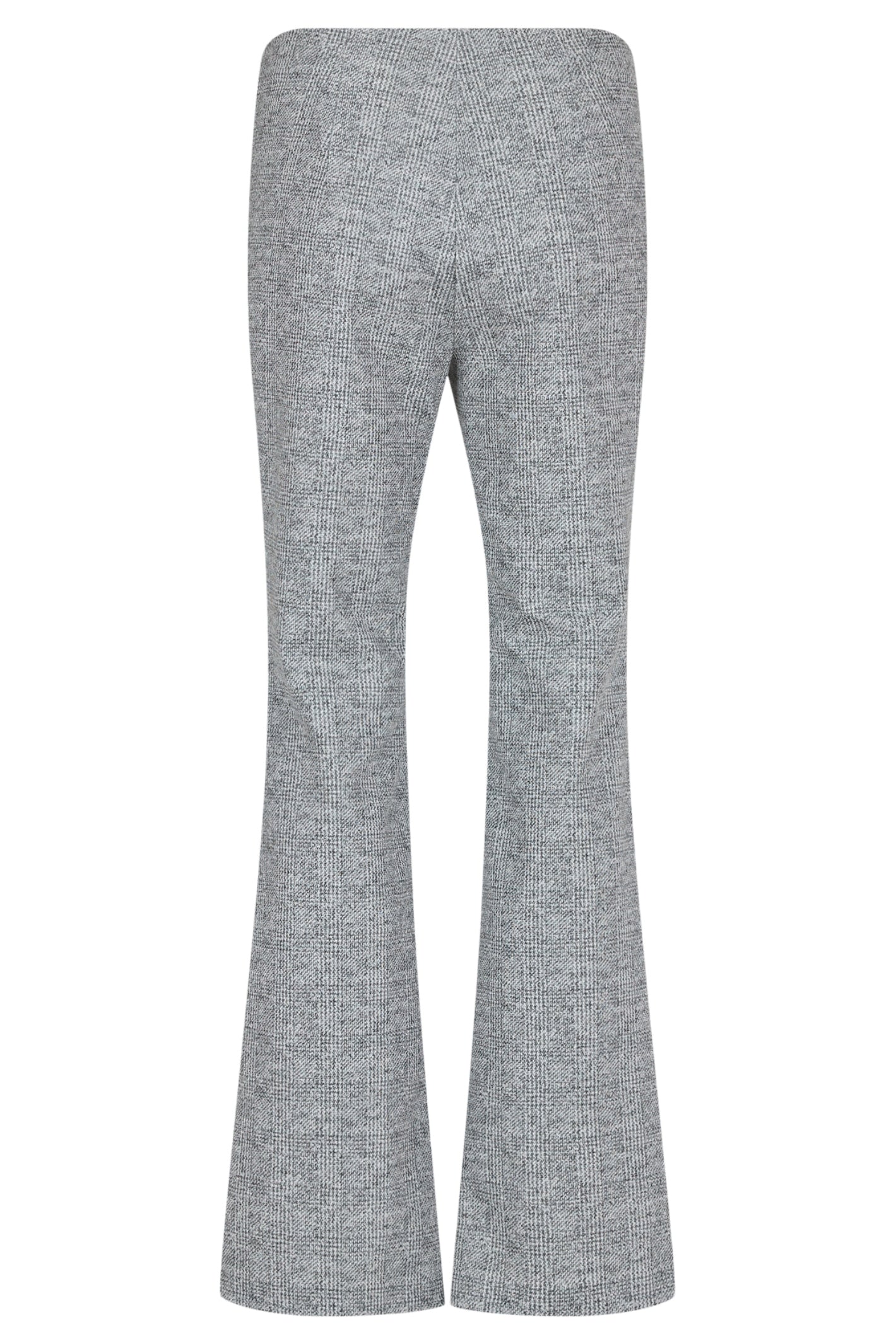 Robell Joella 82cm silver check flared trousers with pull-on waistband and slim fit through the hips and thighs.
