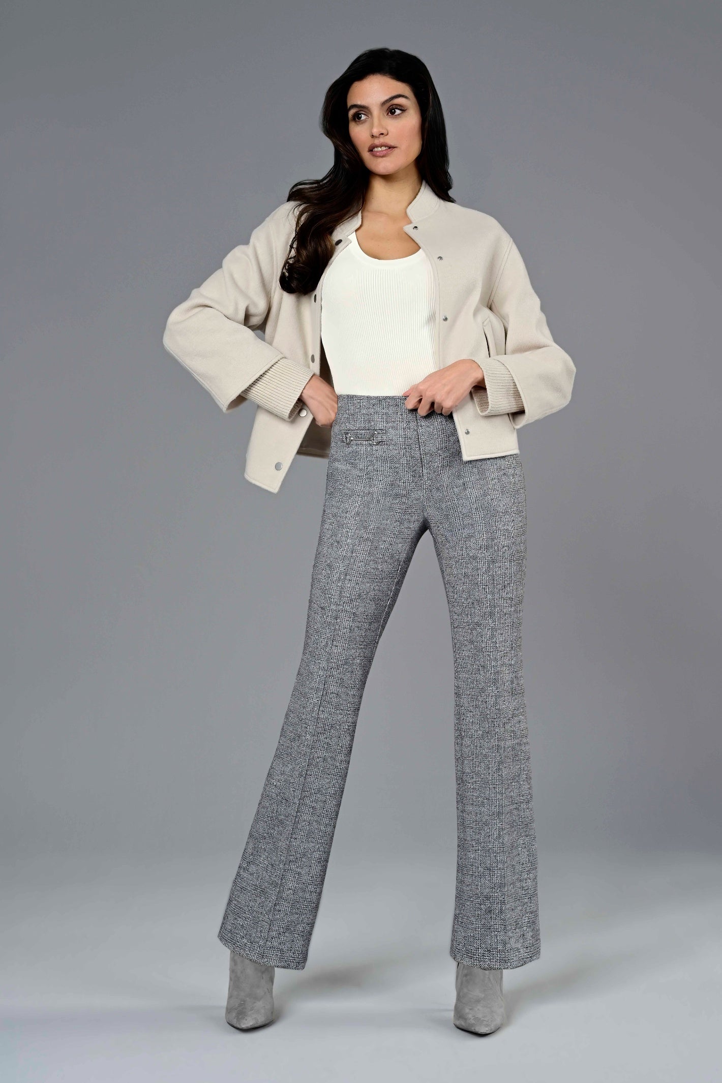 Robell Joella 82cm silver check flared trousers with pull-on waistband and slim fit through the hips and thighs.