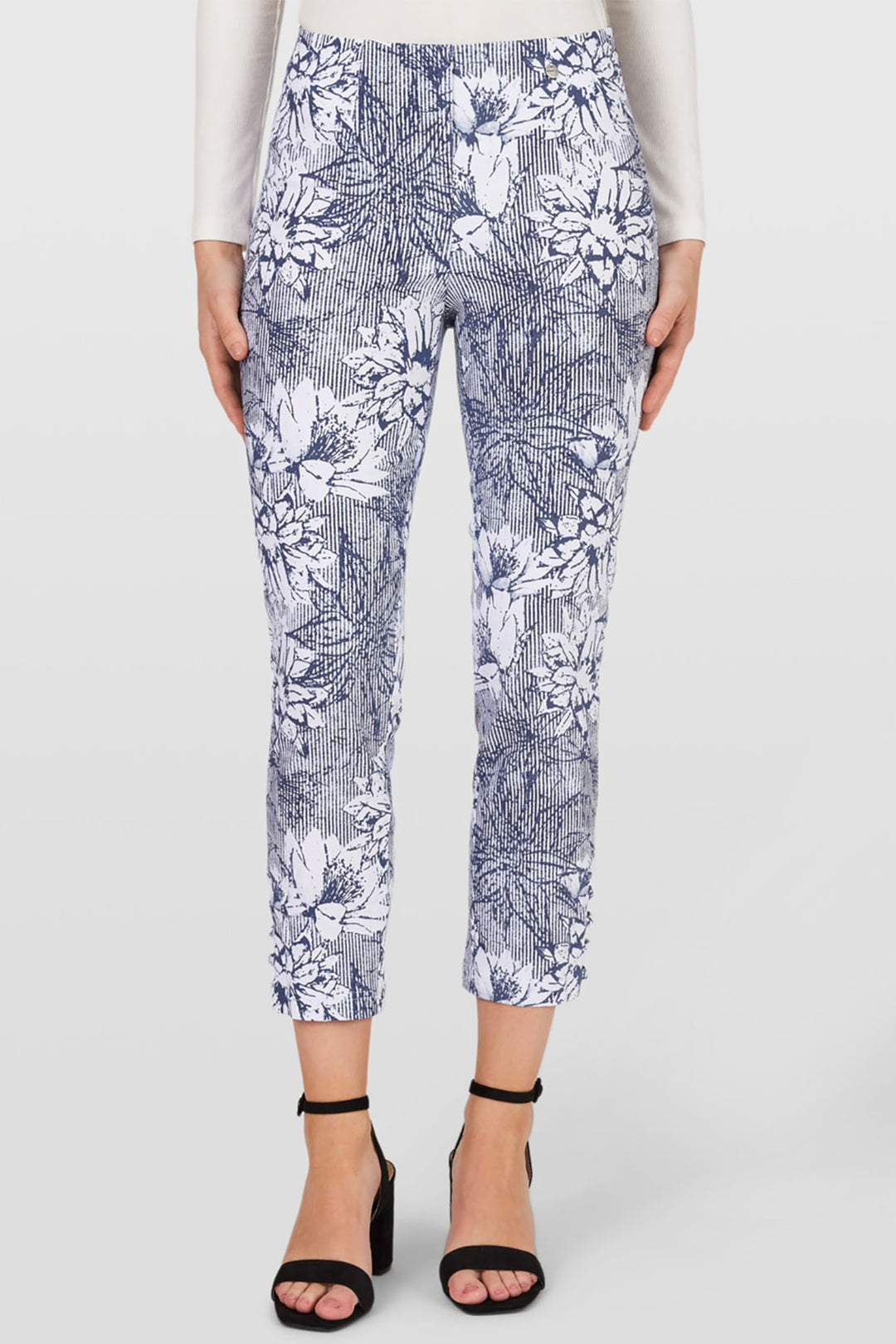 Robell Lena 09 52550 5468 Col 69 Navy Flower Print Ankle Detail Trousers 65cm - Dotique