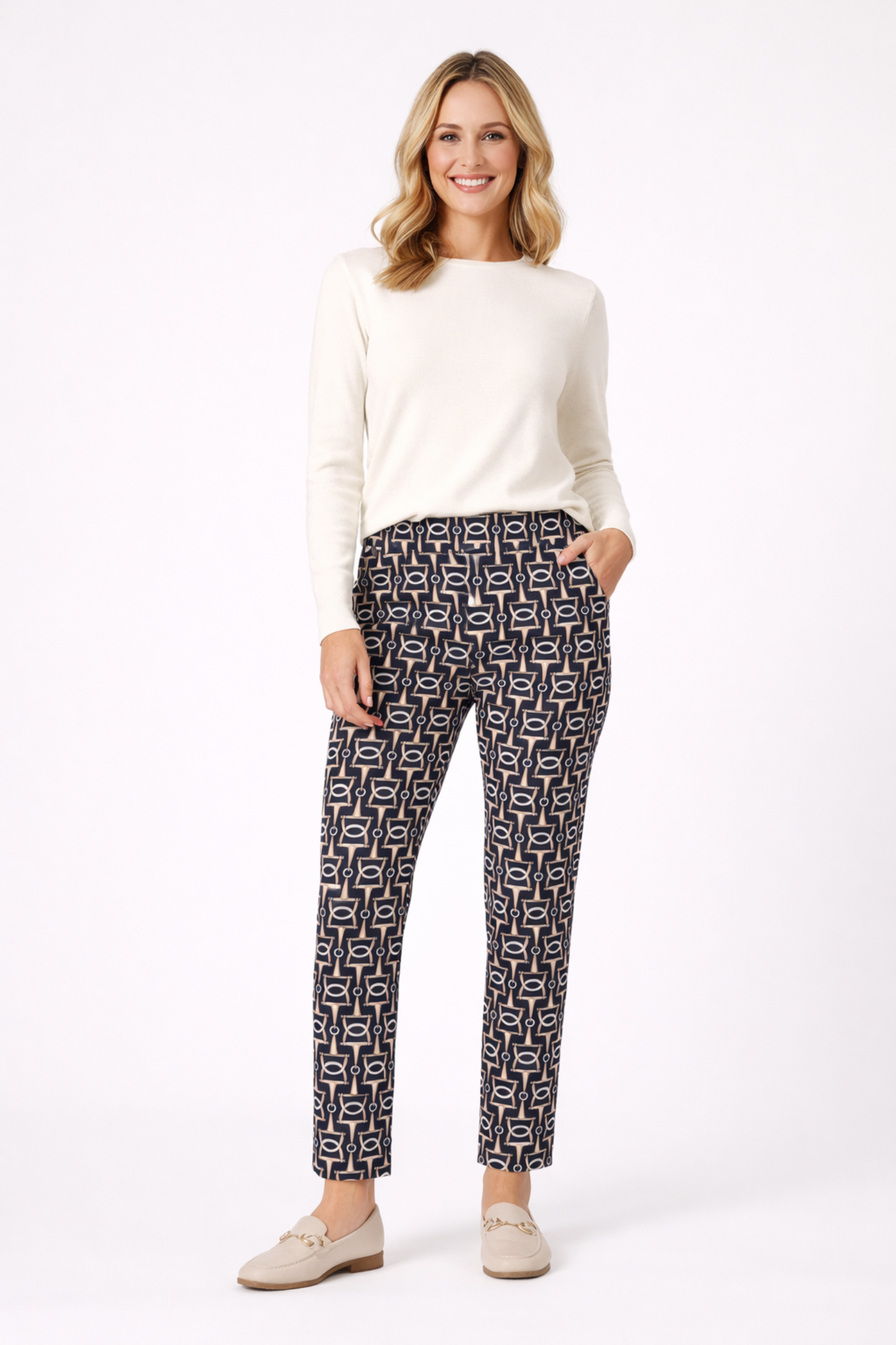 Model wearing Robell Rose 09 Horsebit Print Trousers Navy 51622 55142 69 by Robell Shop Robell at Dotique