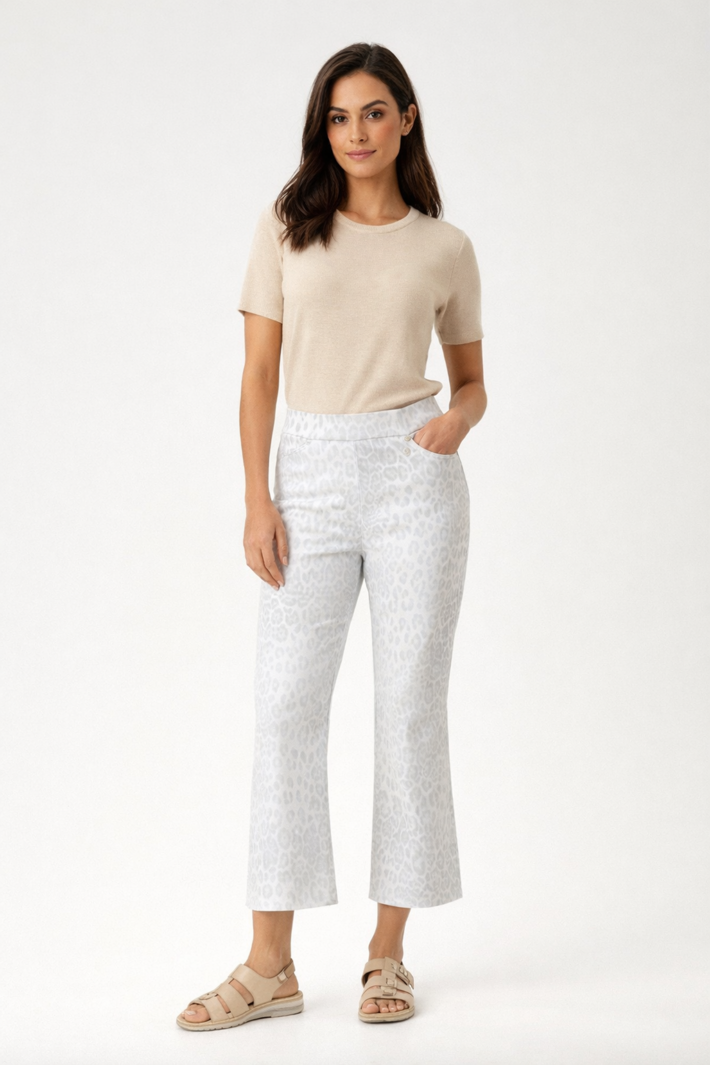 Robell Trousers Joella 09 51577-55087-91 Silver Animal Print Trousers 68cm by robell shop robell at Dotique on model