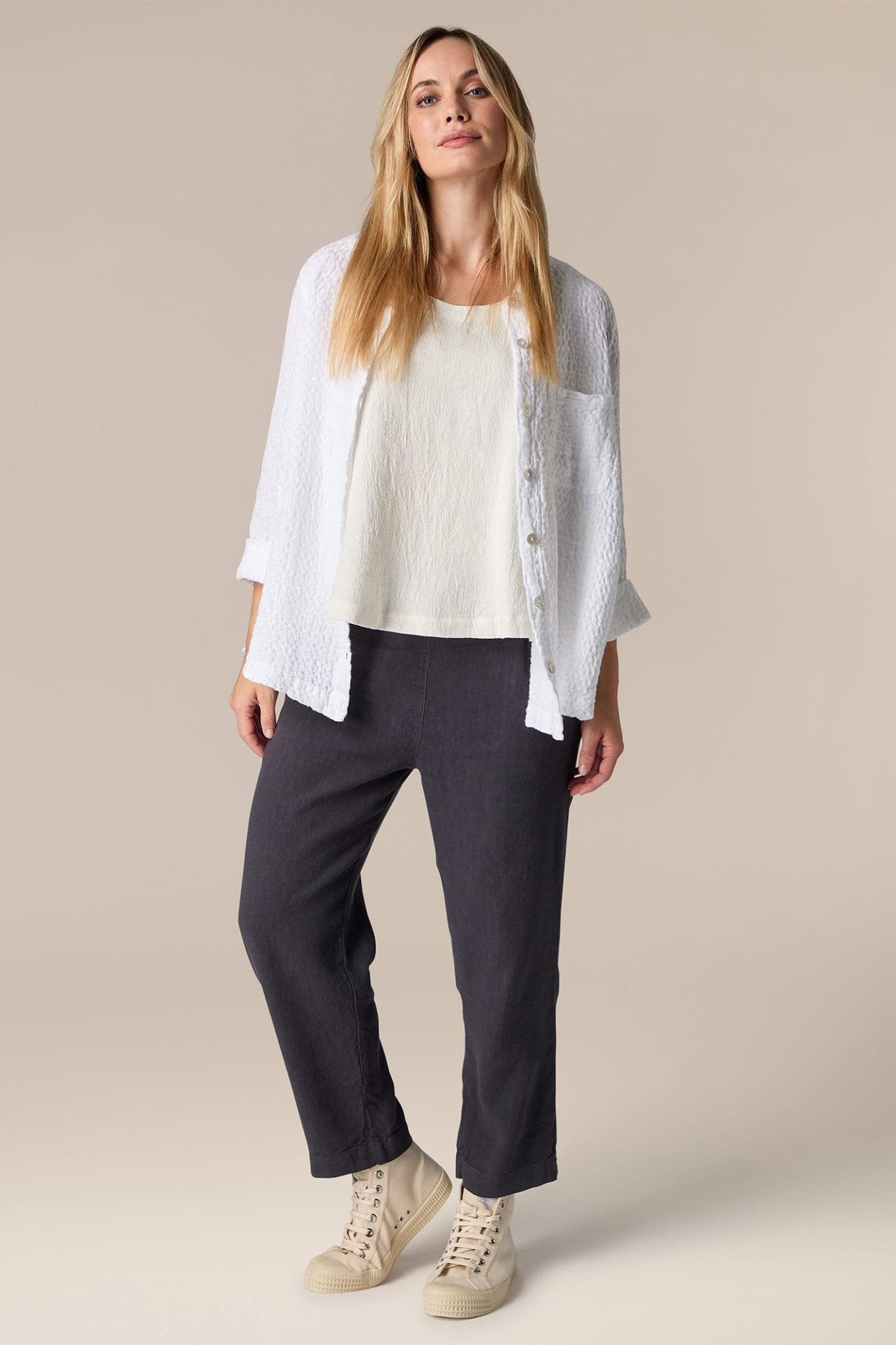 Sahara LAP3665-HTL Smoke Grey Twisted Linen Slim Trousers - Dotique