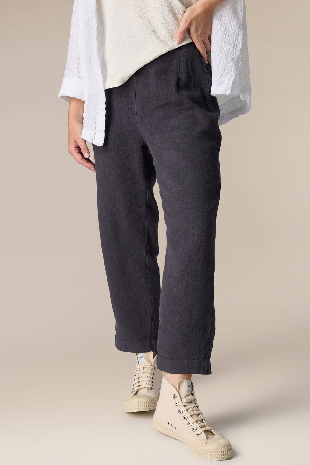 Sahara LAP3665-HTL Smoke Grey Twisted Linen Slim Trousers - Dotique