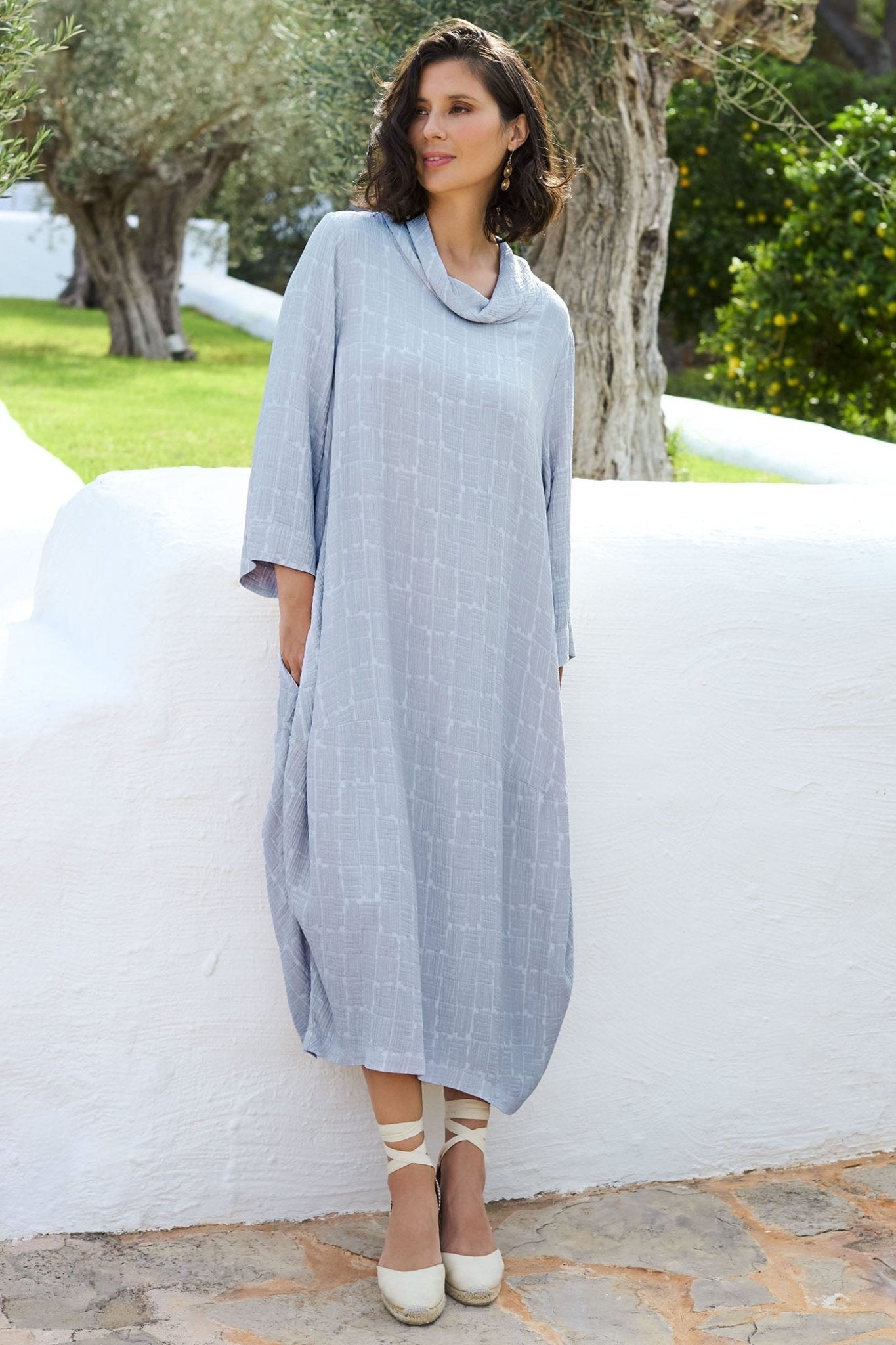 Sahara MTD5292-TSJ Sea Blue Textured Square Jacquard Cowl Dress - Dotique