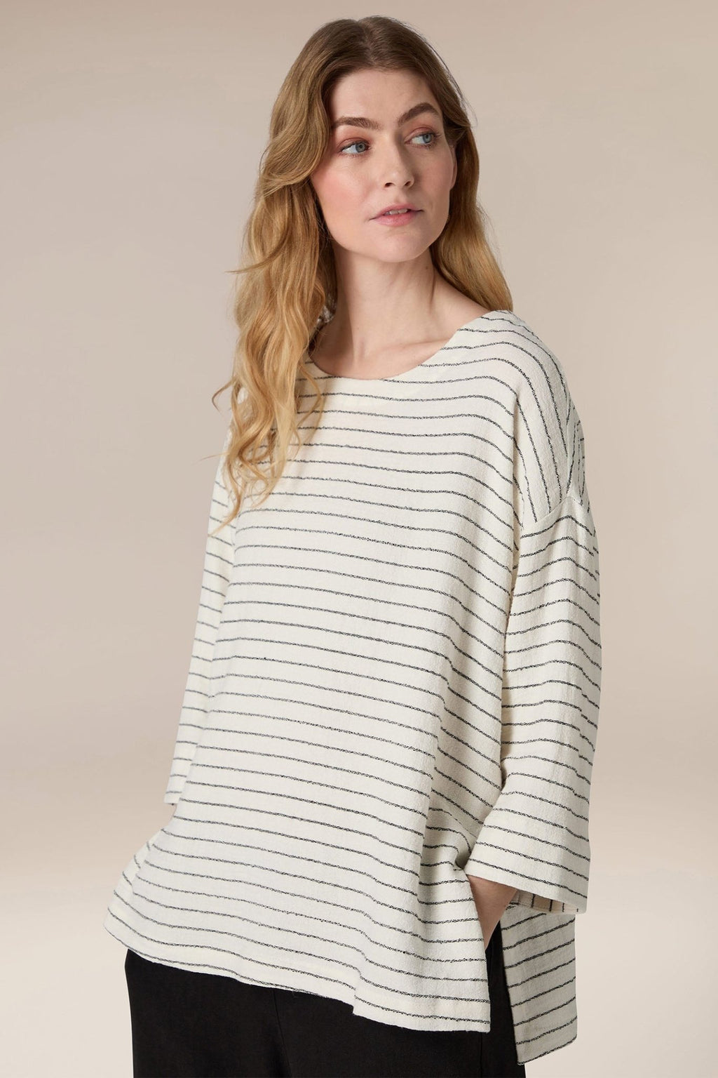 Sahara SPT5650-LIVS Ivory Black Stripe Linen Viscose Top - Dotique
