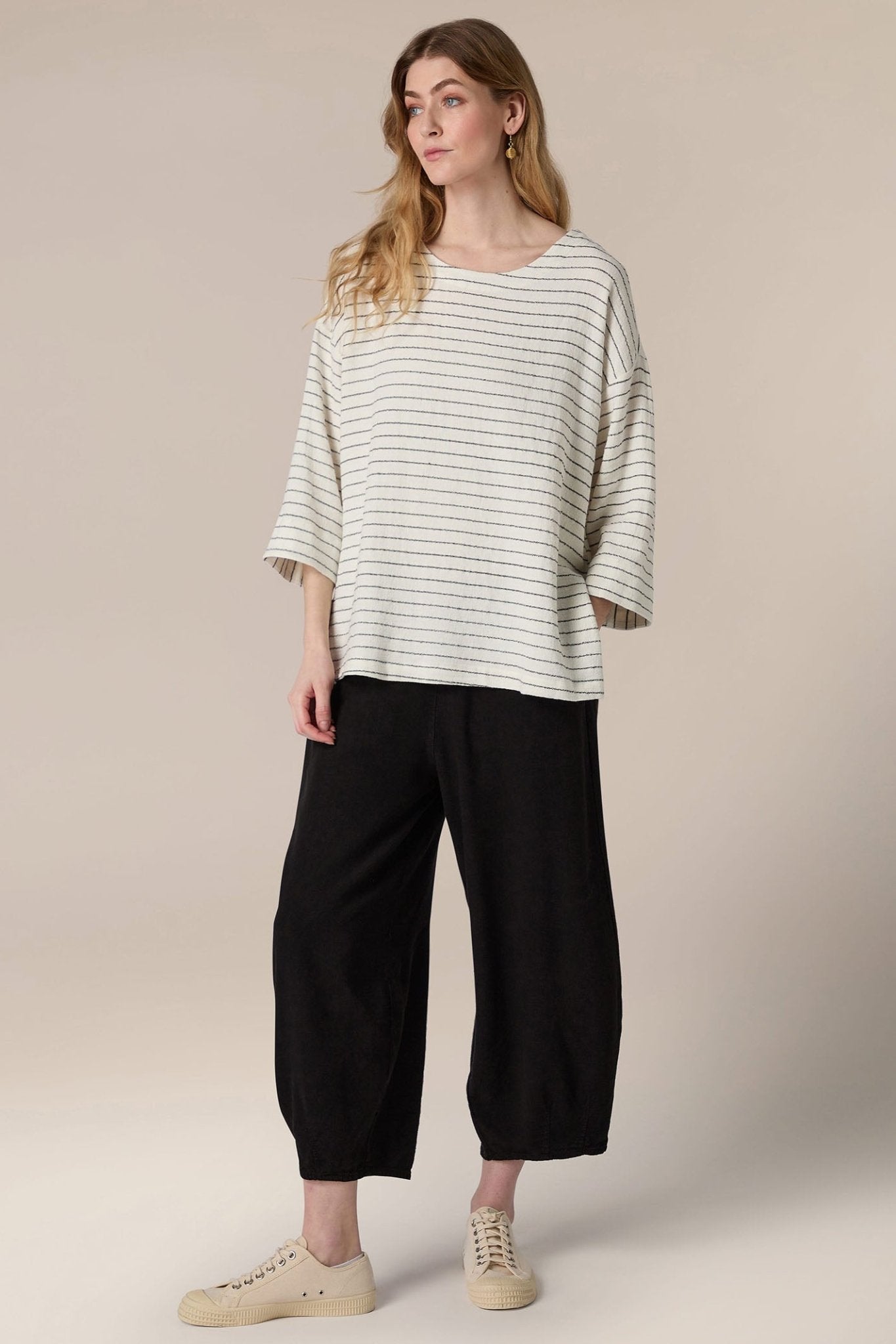 Sahara SPT5650-LIVS Ivory Black Stripe Linen Viscose Top - Dotique