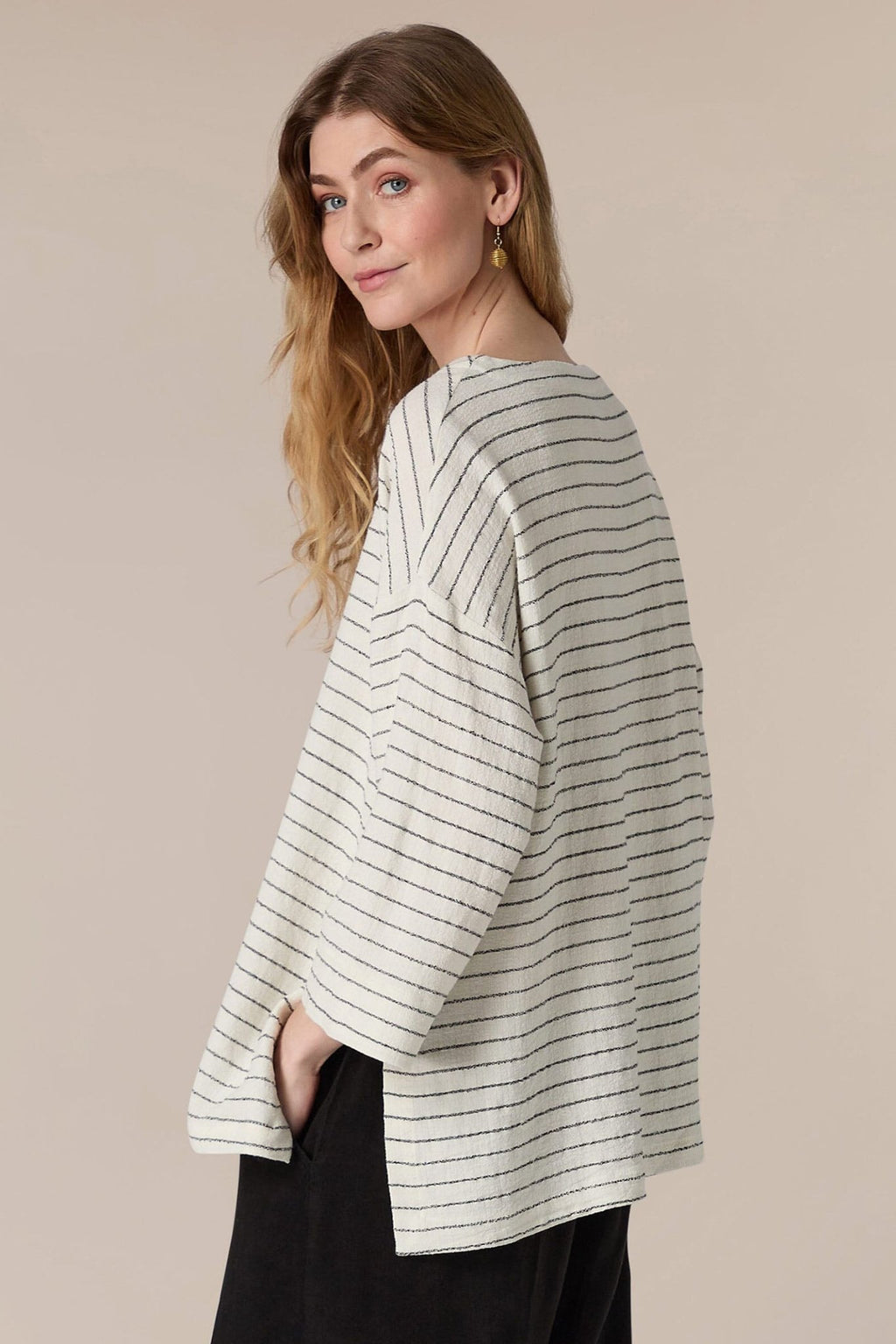 Sahara SPT5650-LIVS Ivory Black Stripe Linen Viscose Top - Dotique