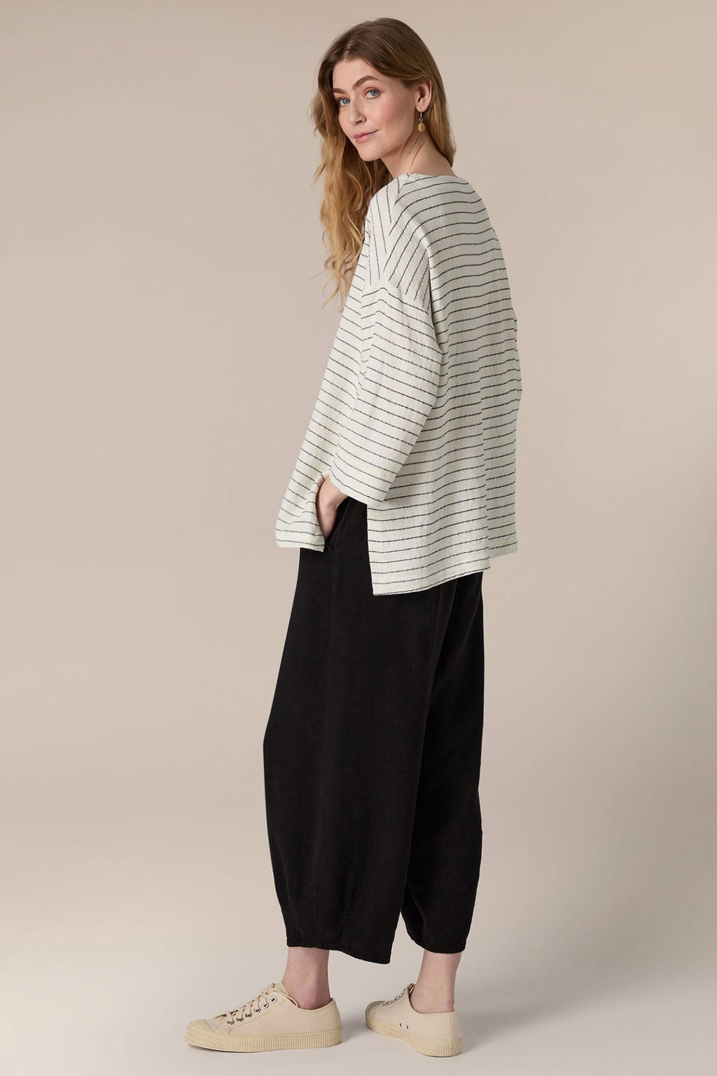 Sahara SPT5650-LIVS Ivory Black Stripe Linen Viscose Top - Dotique