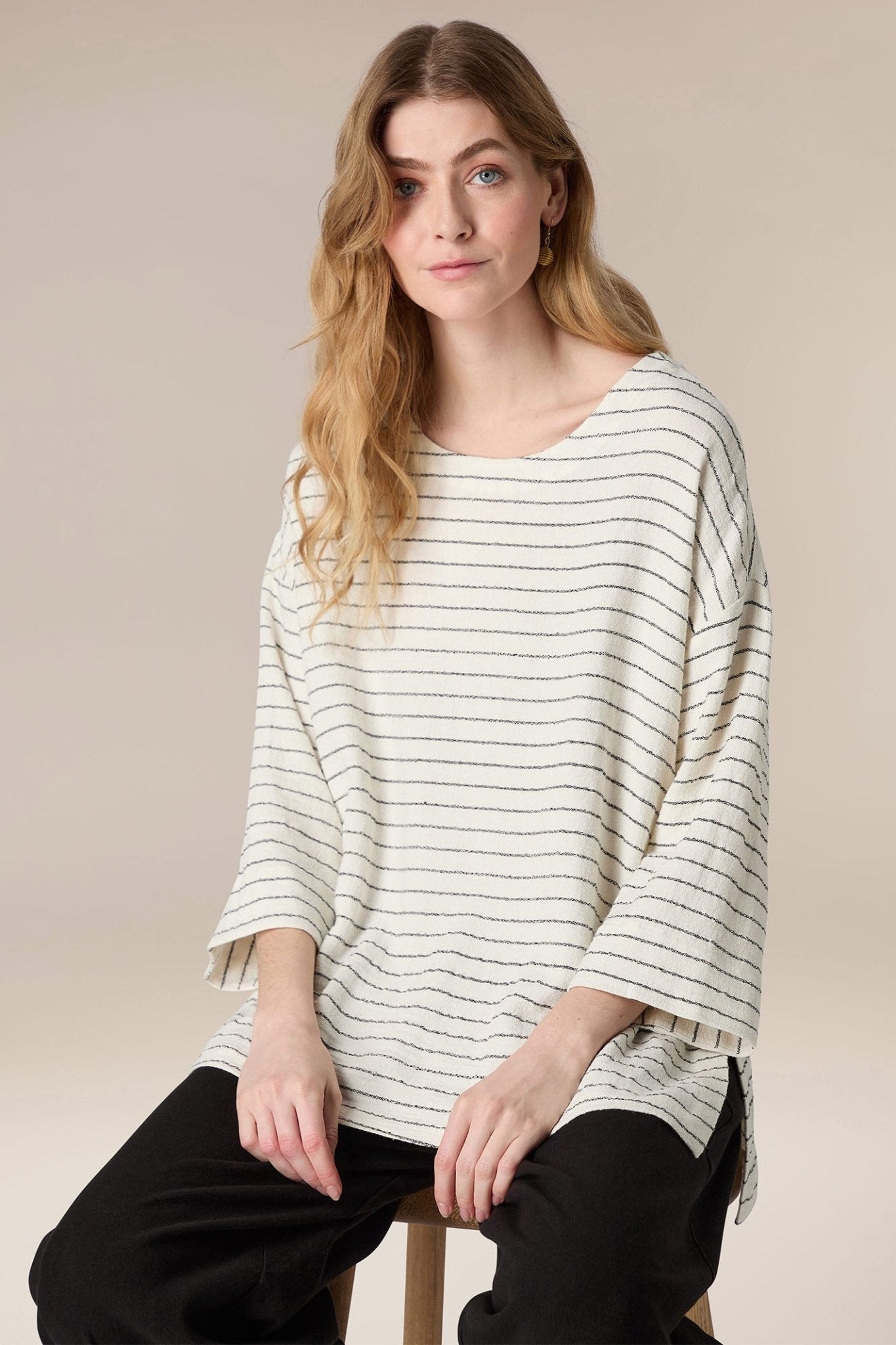 Sahara SPT5650-LIVS Ivory Black Stripe Linen Viscose Top - Dotique