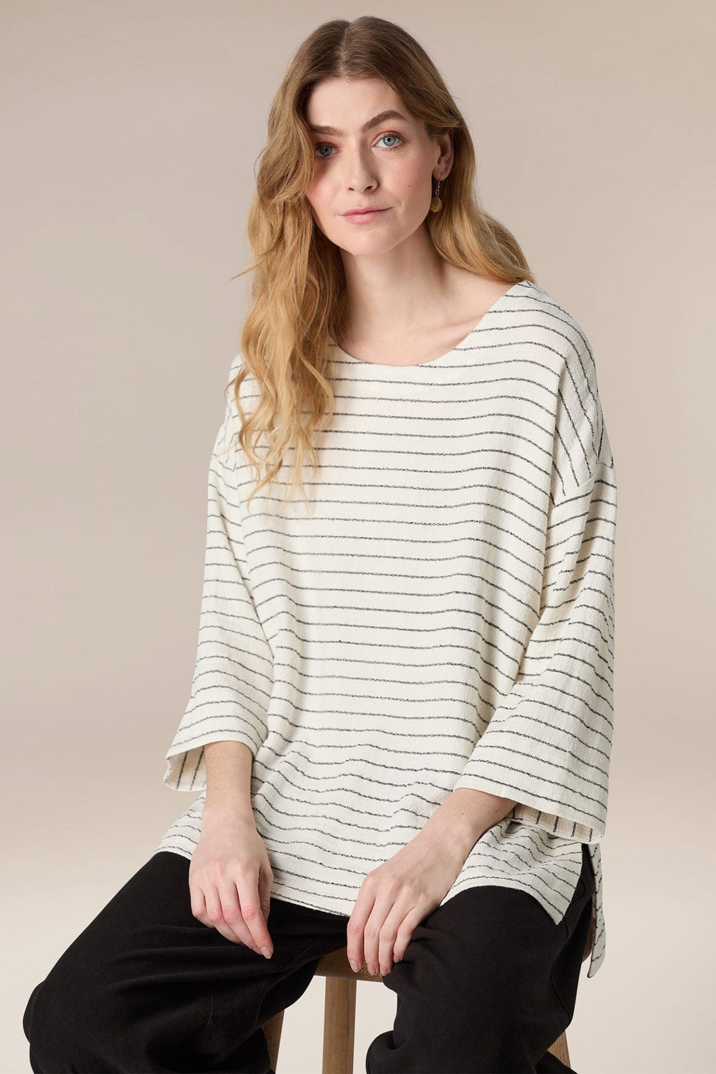 Sahara SPT5650-LIVS Ivory Black Stripe Linen Viscose Top - Dotique