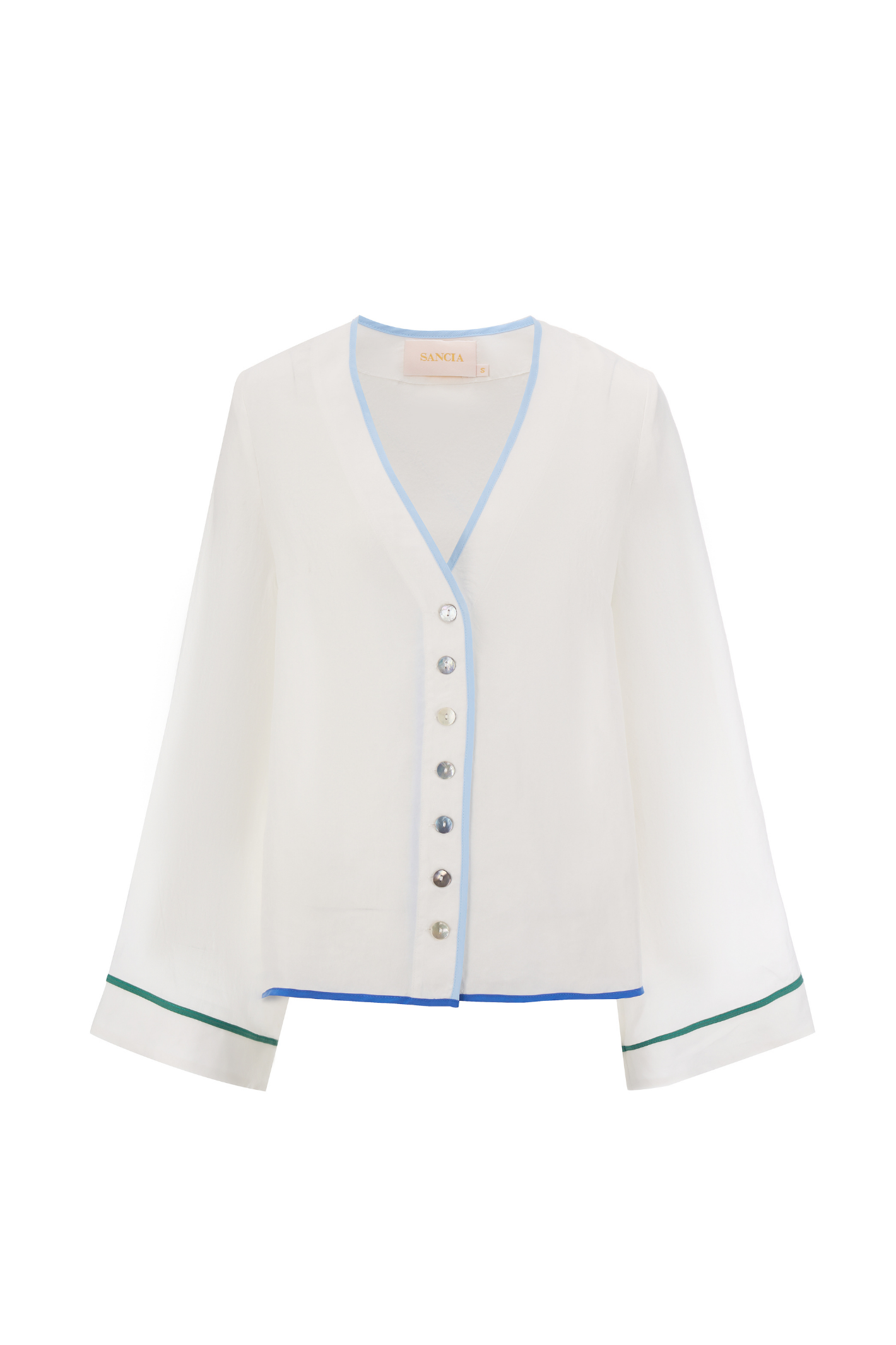 Relaxed, lightweight cupro shirt by Sancia with wide sleeves and shell buttons. Soft, floaty and easy to style for summer. Shop at Dotique.