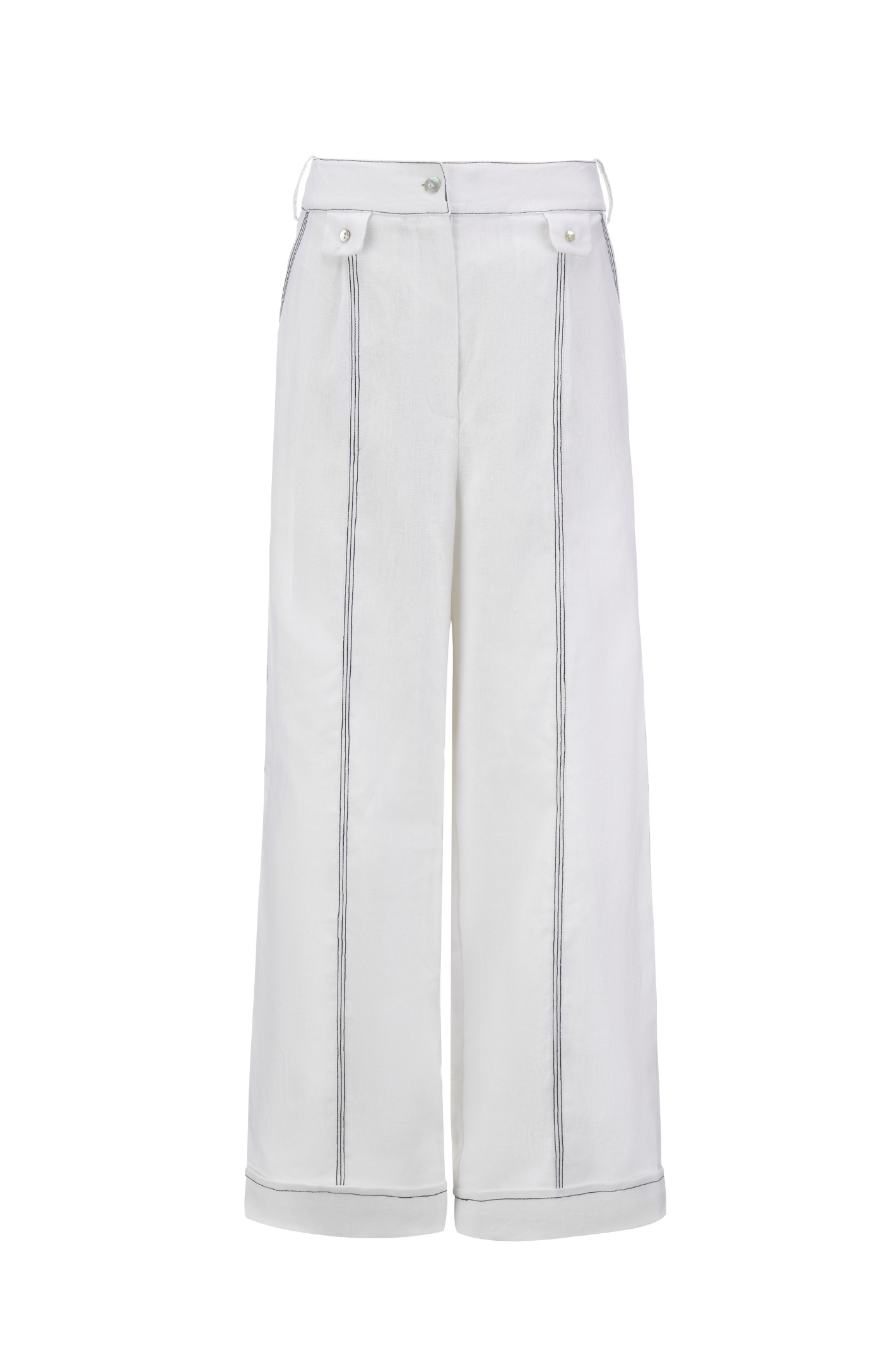 Sancia Jairo Trousers in ivory with wide leg silhouette and contrast stitching. Lightweight cupro fabric. Shop now at Dotique.