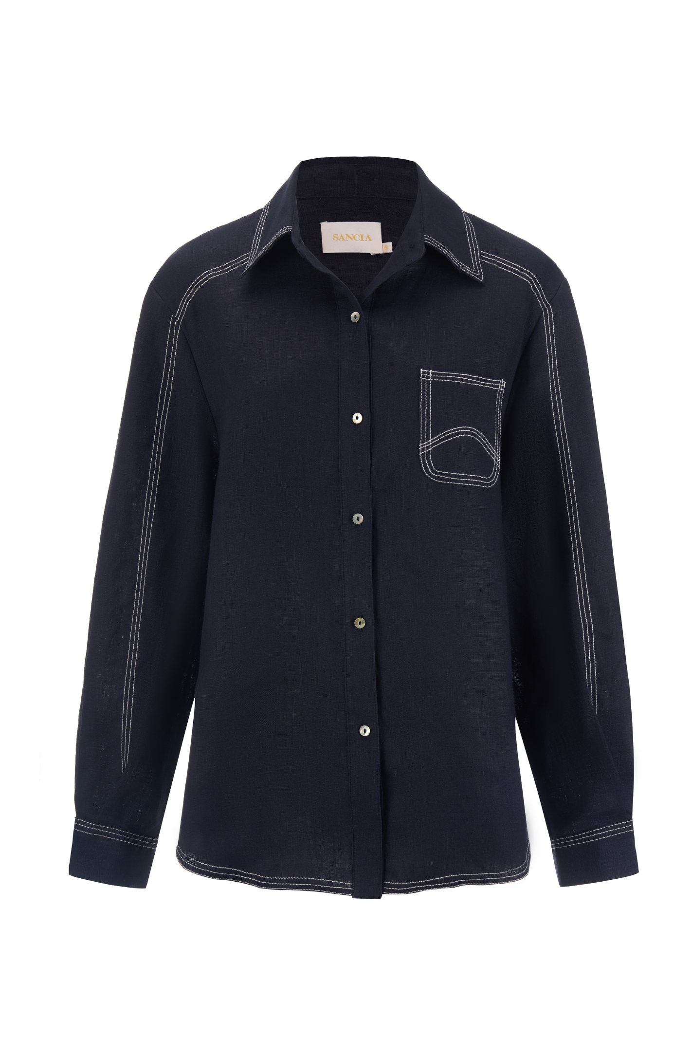 Sancia Landon Shirt in navy with contrast stitching and relaxed fit. Lightweight cupro fabric. Shop now at Dotique.