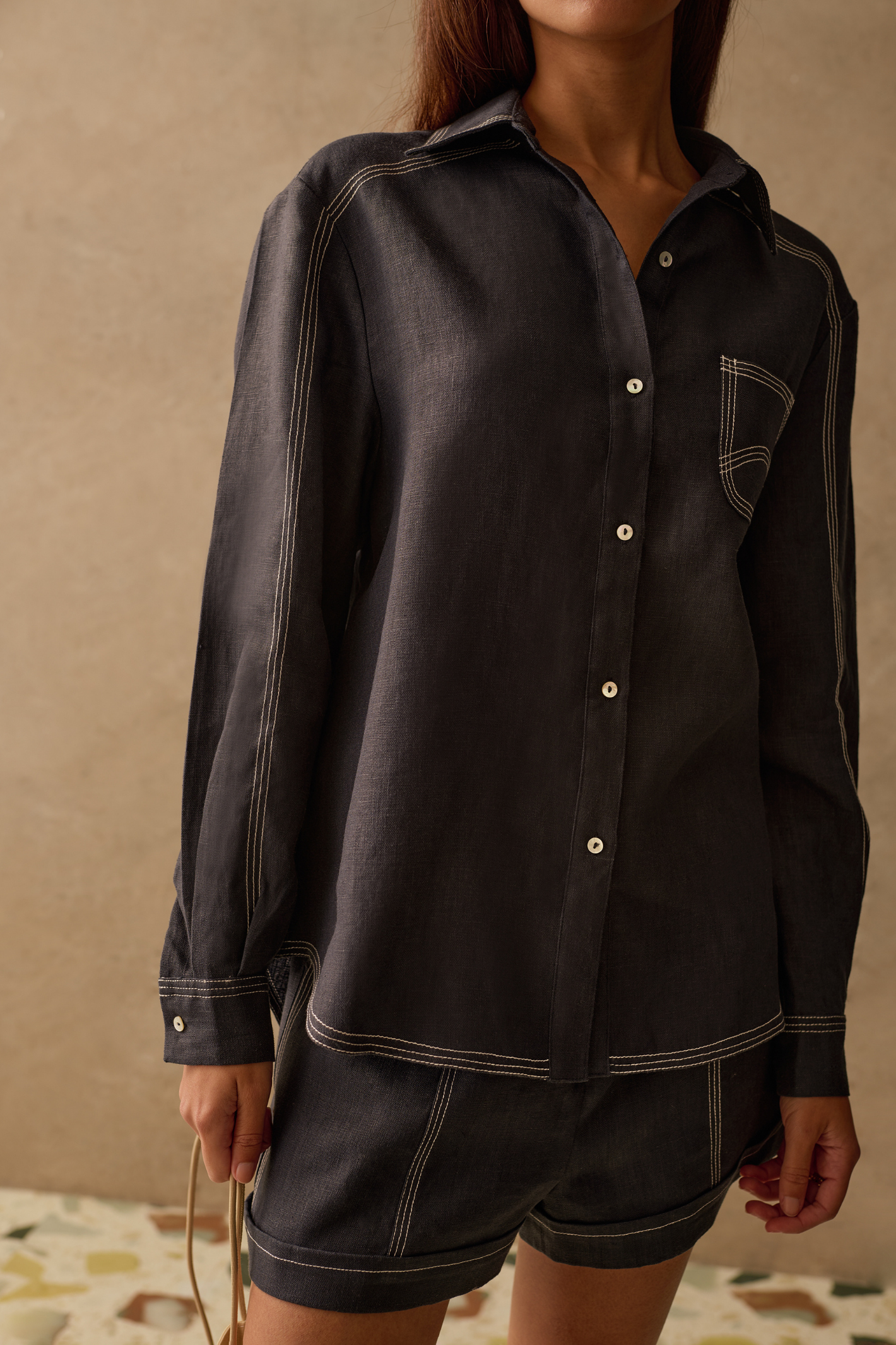 Sancia Landon Shirt in navy with contrast stitching and relaxed fit. Lightweight cupro fabric. Shop now at Dotique.