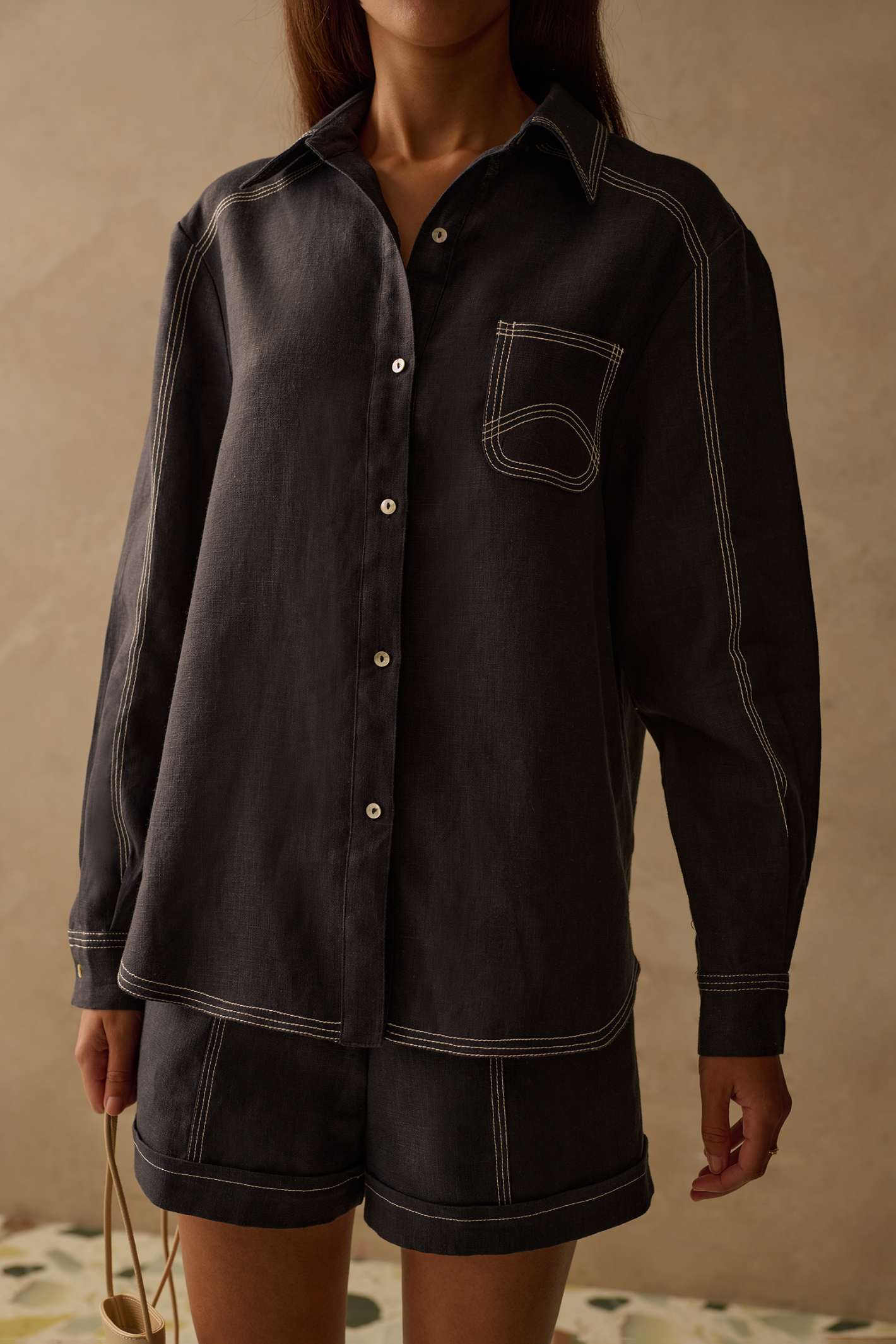 Sancia Landon Shirt in navy with contrast stitching and relaxed fit. Lightweight cupro fabric. Shop now at Dotique.