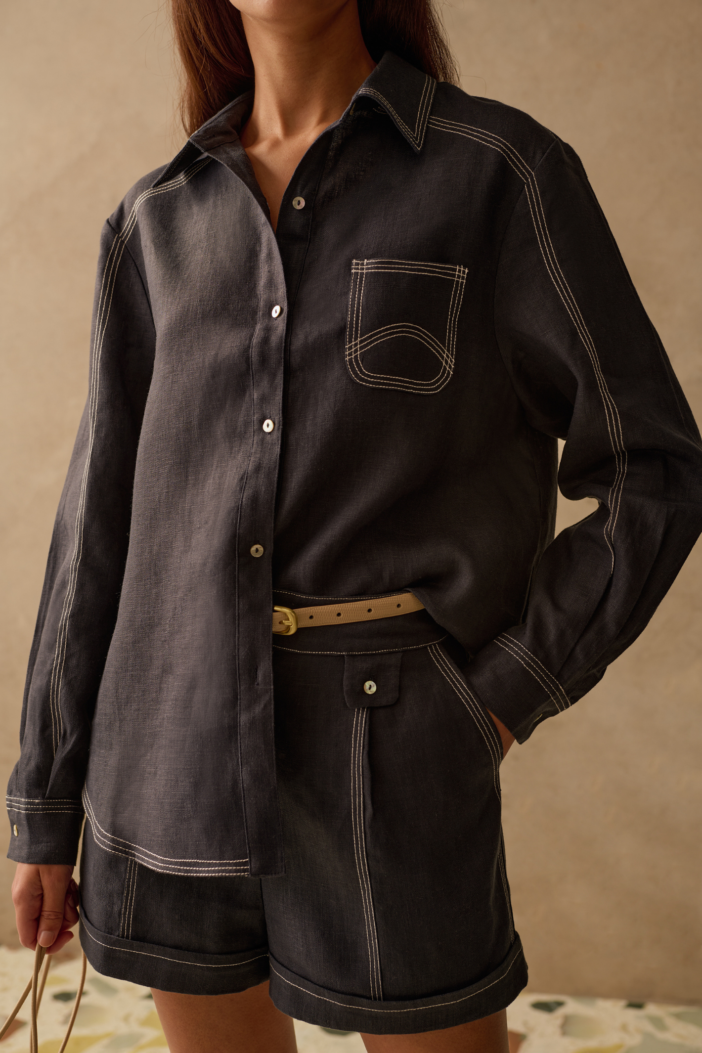 Sancia Landon Shirt in navy with contrast stitching and relaxed fit. Lightweight cupro fabric. Shop now at Dotique.