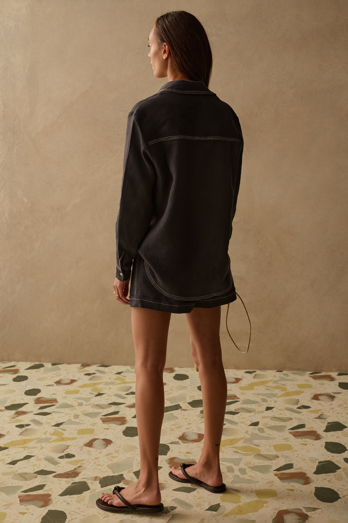 Sancia Landon Shirt in navy with contrast stitching and relaxed fit. Lightweight cupro fabric. Shop now at Dotique.