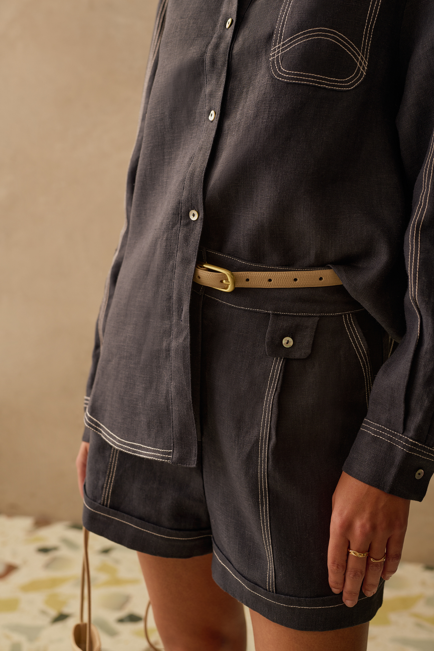 Sancia Landon Shirt in navy with contrast stitching and relaxed fit. Lightweight cupro fabric. Shop now at Dotique.