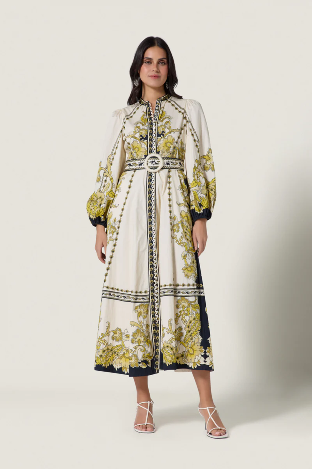 Woman wearing Scarlett Poppies Baroqueen Floral Dress Papyrus/Burnished Gold by Scarlett Poppies, Shop Dotique.