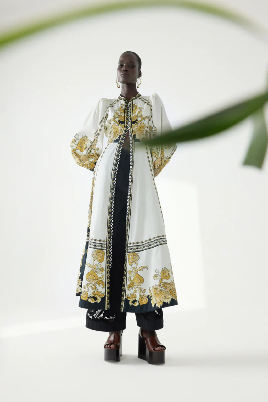 Elegant model wearing Scarlett Poppies Baroqueen Floral Dress Papyrus/Burnished Gold by Scarlett Poppies, shop at Dotique.