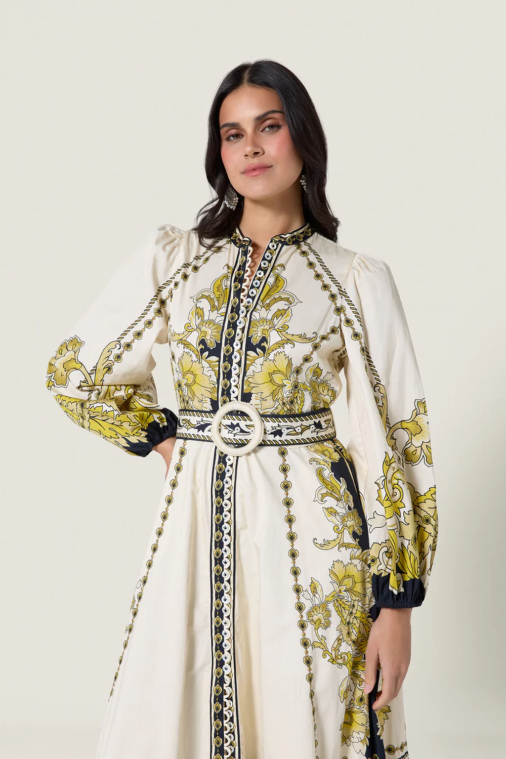 Woman wearing Scarlett Poppies Baroqueen Floral Dress Papyrus/Burnished Gold by Scarlett Poppies. Shop Dotique.