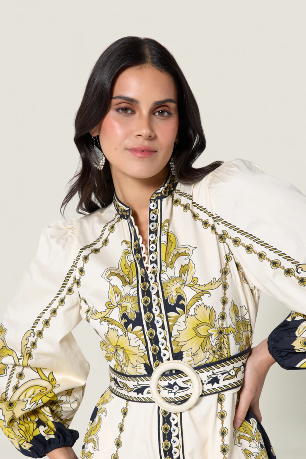 Woman wearing Scarlett Poppies Baroqueen Floral Dress Papyrus/Burnished Gold by Scarlett Poppies, shop at Dotique.