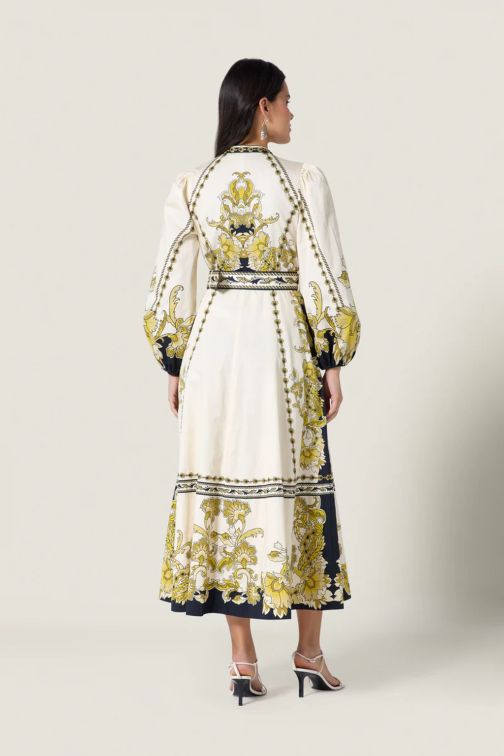 Woman wearing Scarlett Poppies Baroqueen Floral Dress Papyrus/Burnished Gold by Scarlett Poppies, shop at Dotique.