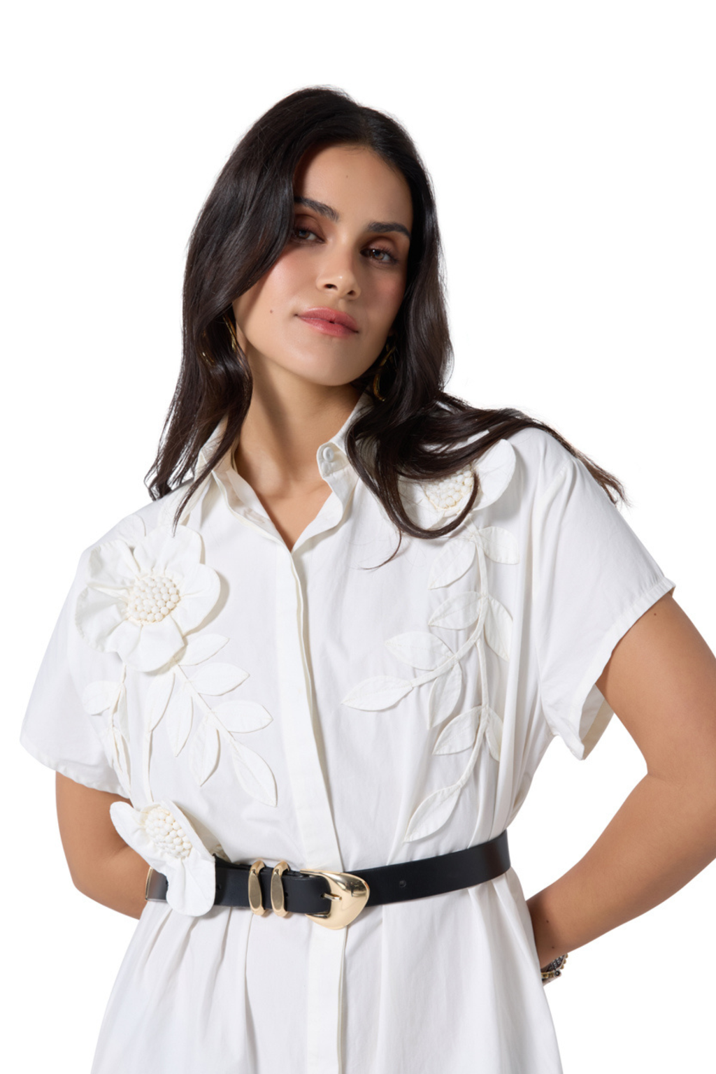 Woman wearing Scarlett Poppies Saelina Dress Papyrus with floral details and black belt, shop Scarlett Poppies at Dotique.