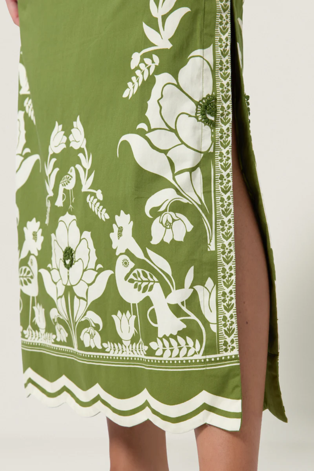 Scarlett Poppies Sandina Skirt Calla Green/Papyrus with floral print and side slit by Scarlett Poppies shop at Dotique