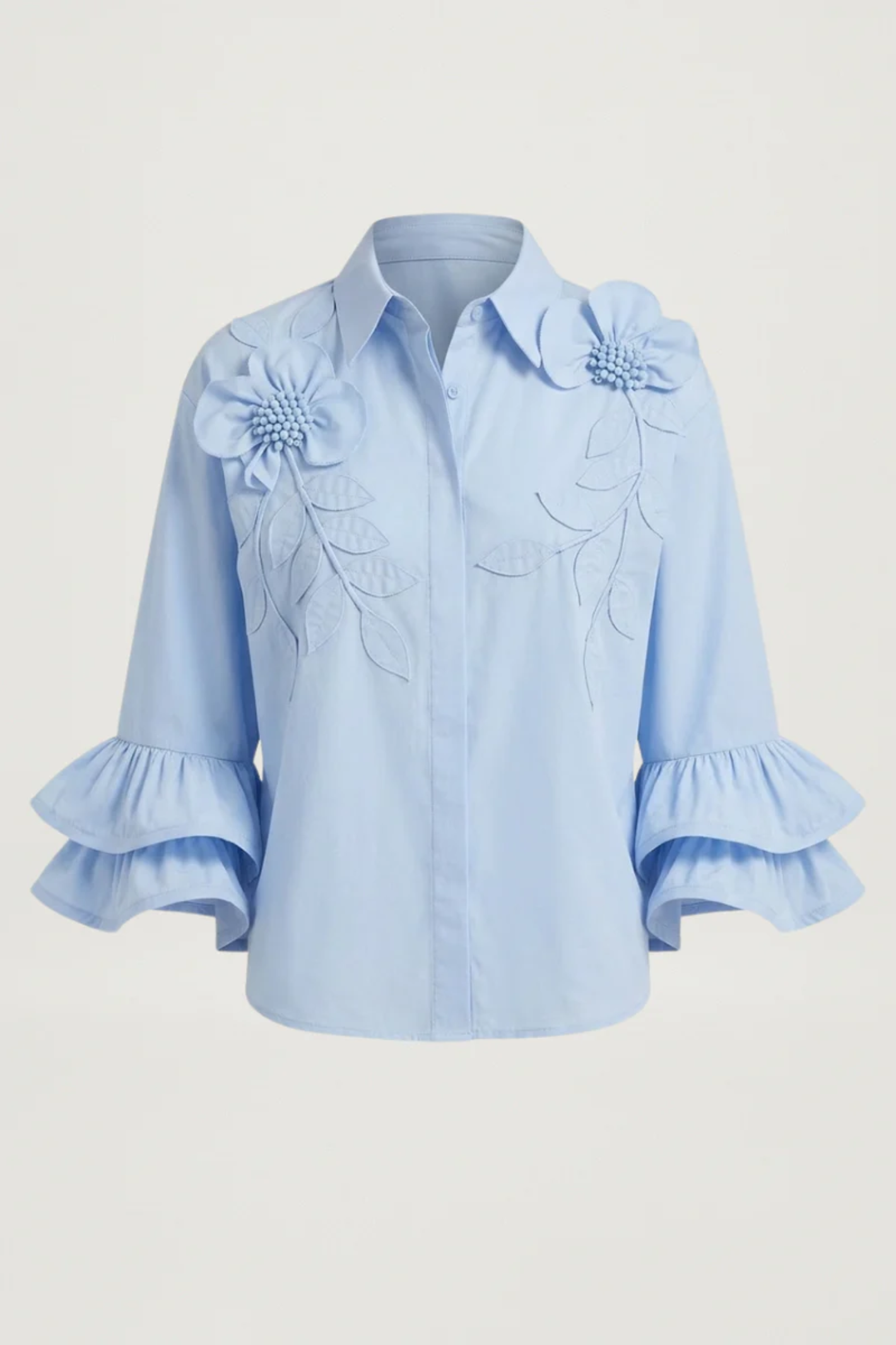 Scarlett Poppies Siena Top Windsurfer Blue with floral appliqué and ruffled sleeves by Scarlett Poppies, shop Scarlett Poppies at Dotique.