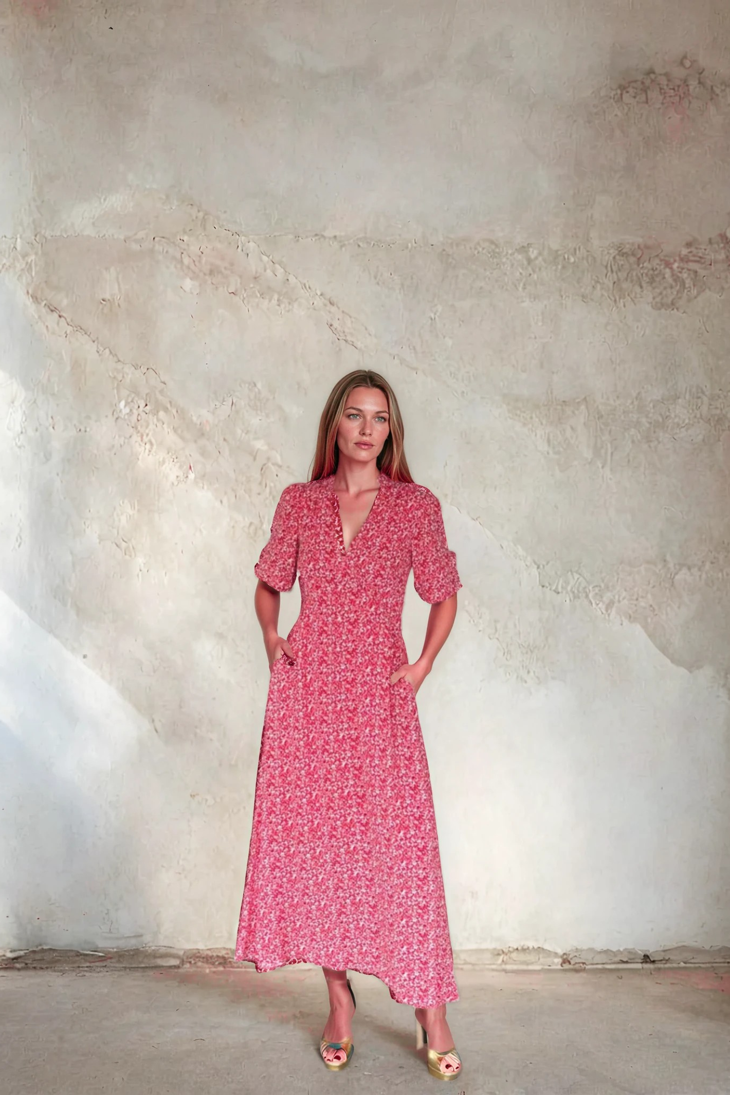 Model wearing Sirens Elena Red Ditsy Print Dress with a subtle floral pattern and short sleeves by Sirens. Shop Sirens at Dotique.