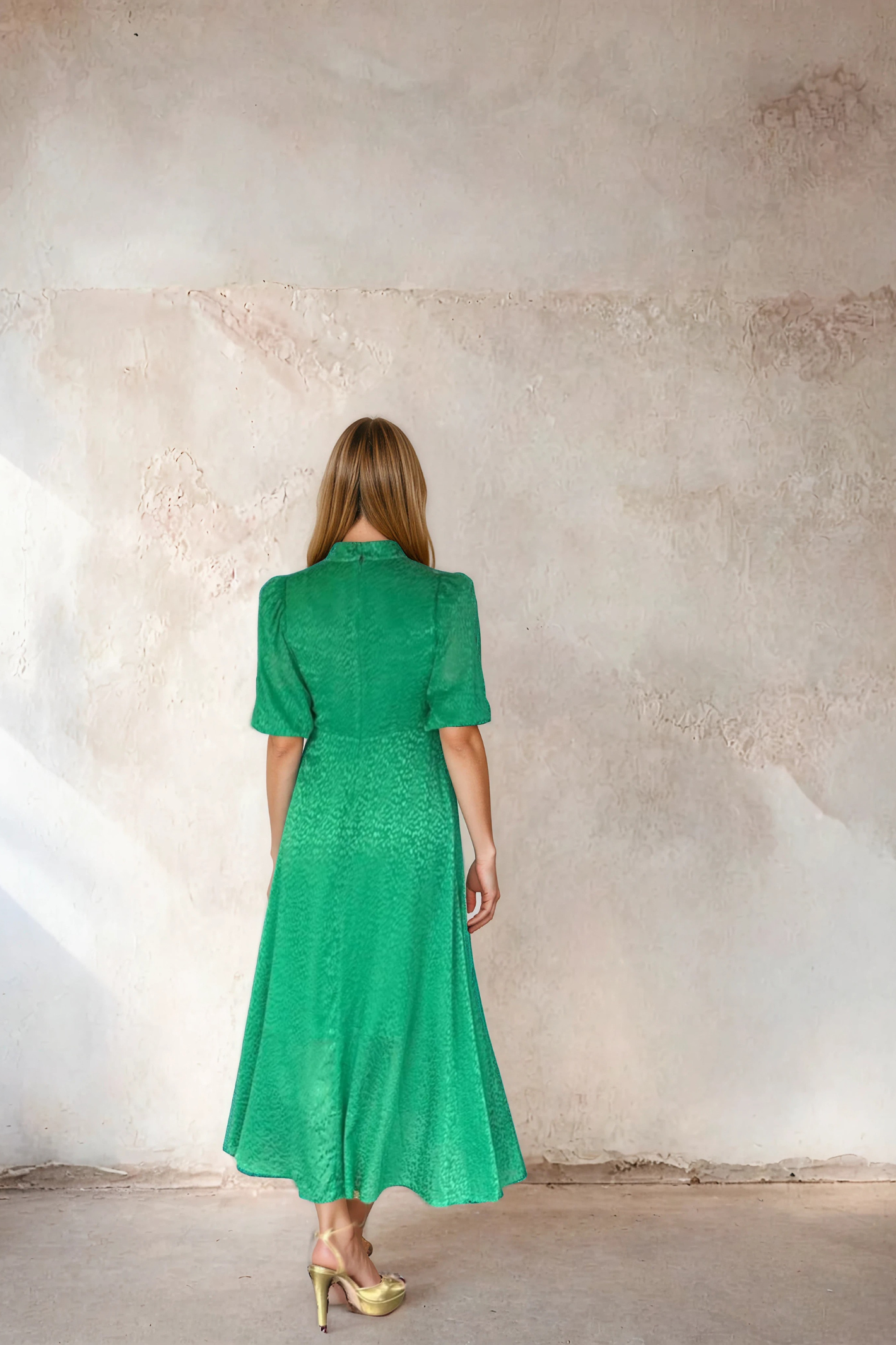 Back view of a woman wearing Sirens Elena Dress Green Leopard with mid-length sleeves and subtle pattern by Sirens. Shop Sirens at Dotique.