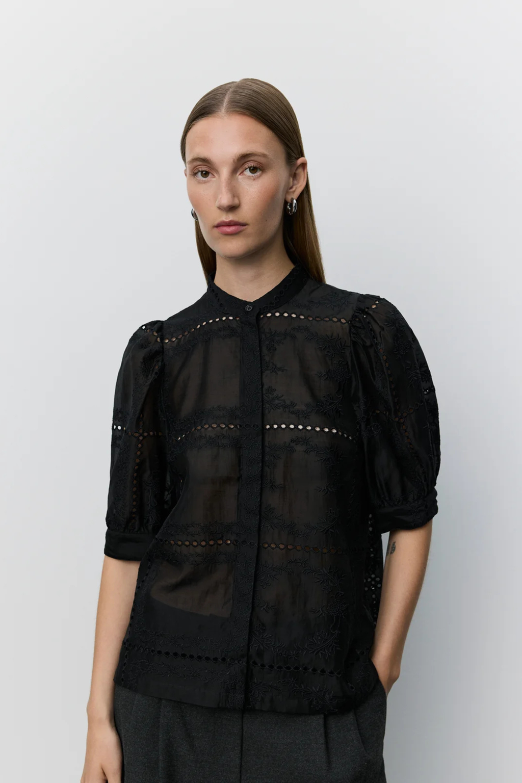 Sofie Schnoor black broderie anglaise shirt with smocked sleeves – Dotique