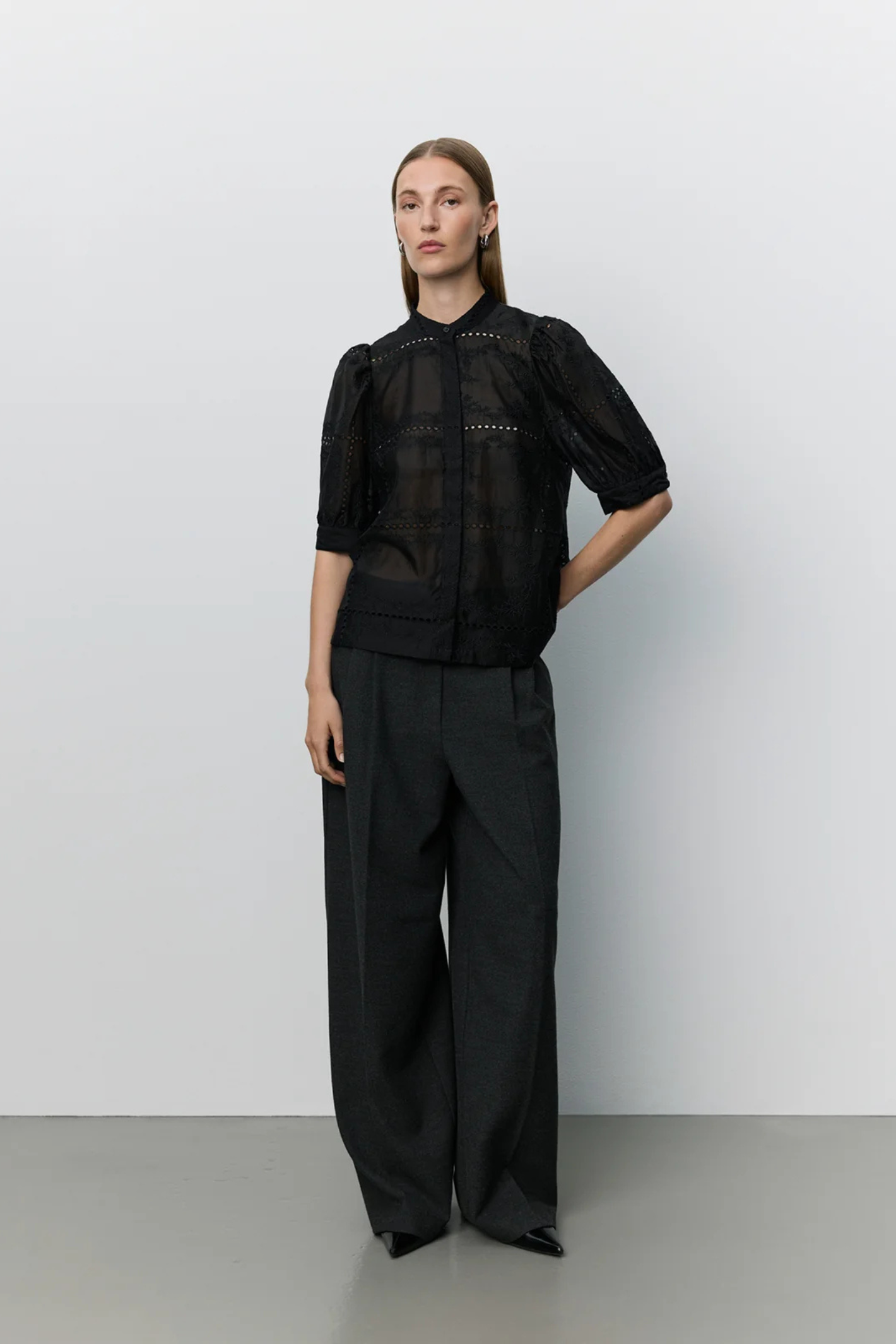 Sofie Schnoor black broderie anglaise shirt with smocked sleeves – Dotique