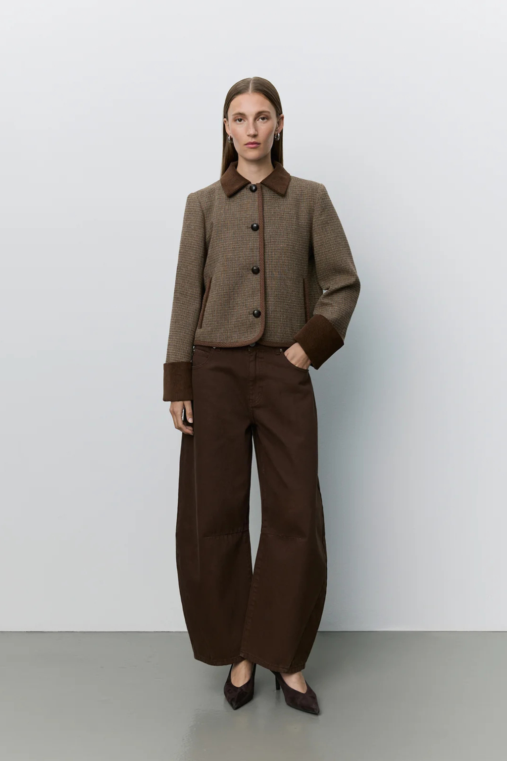 Sofie Schnoor brown check short blazer with corduroy collar – Dotique