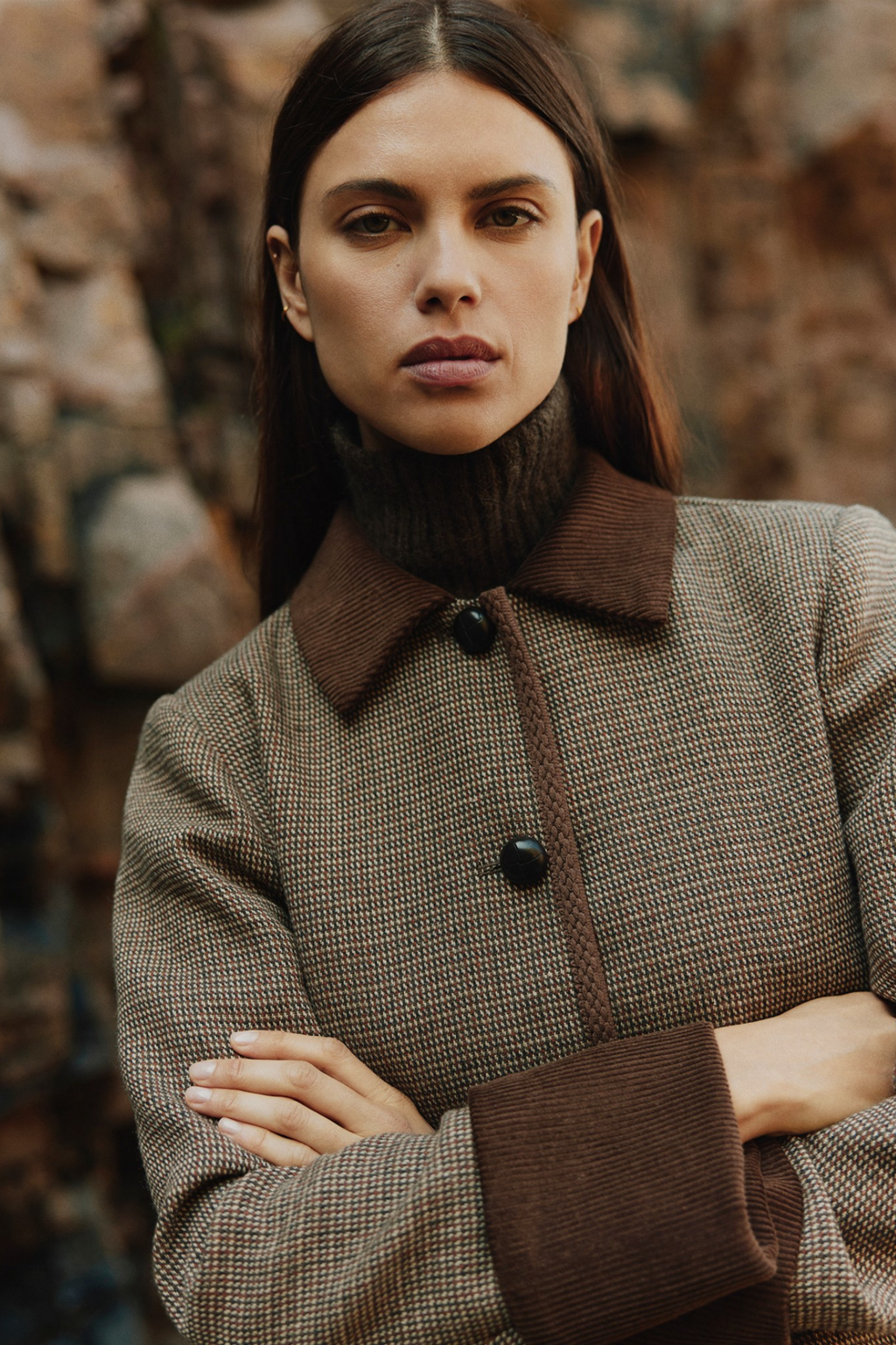 Sofie Schnoor brown check short blazer with corduroy collar – Dotique