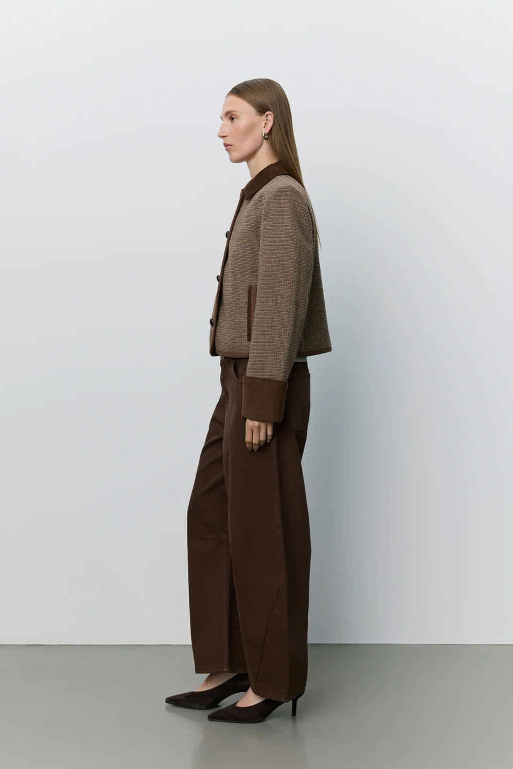 Sofie Schnoor brown check short blazer with corduroy collar – Dotique