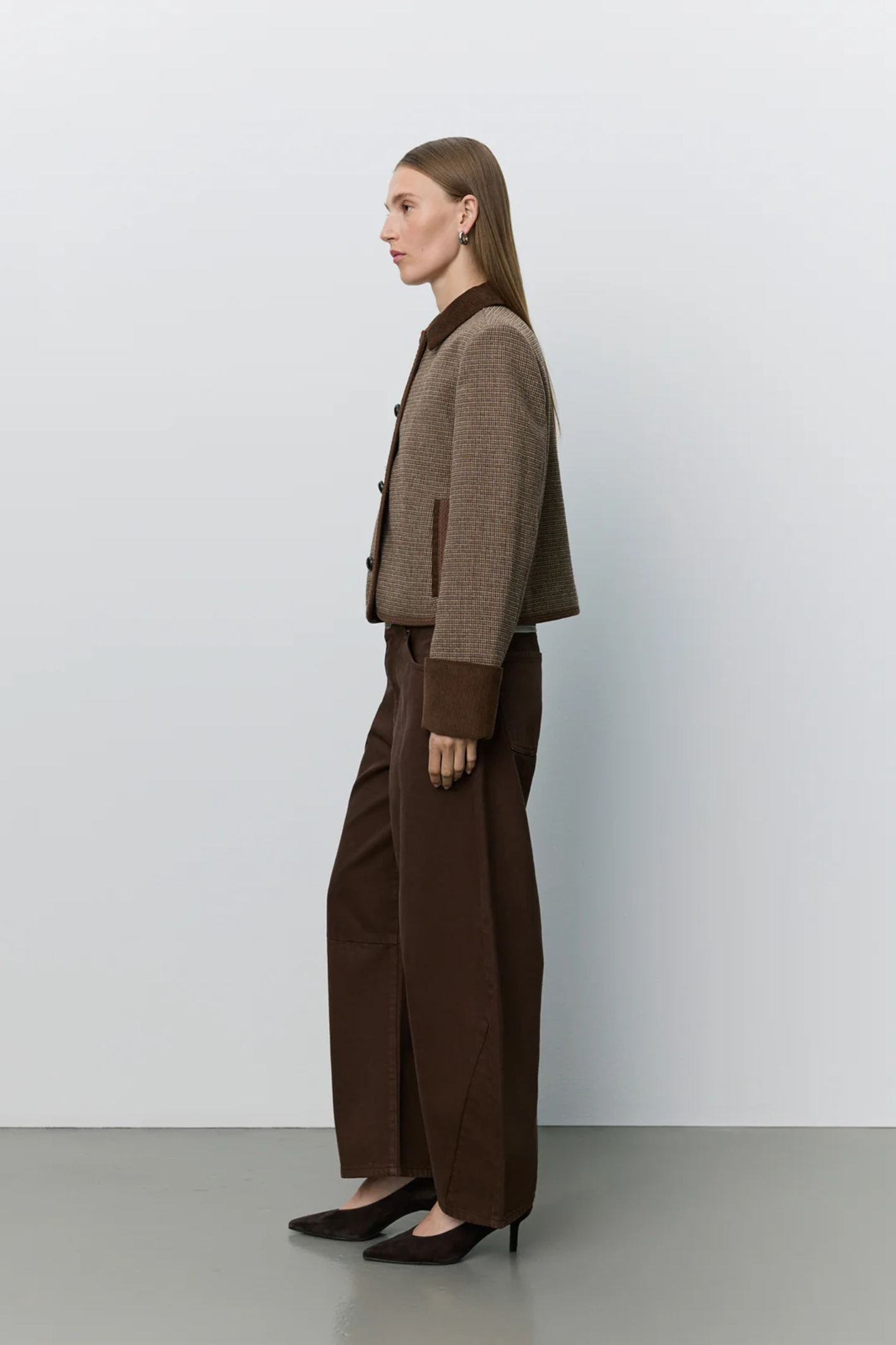 Sofie Schnoor brown check short blazer with corduroy collar – Dotique