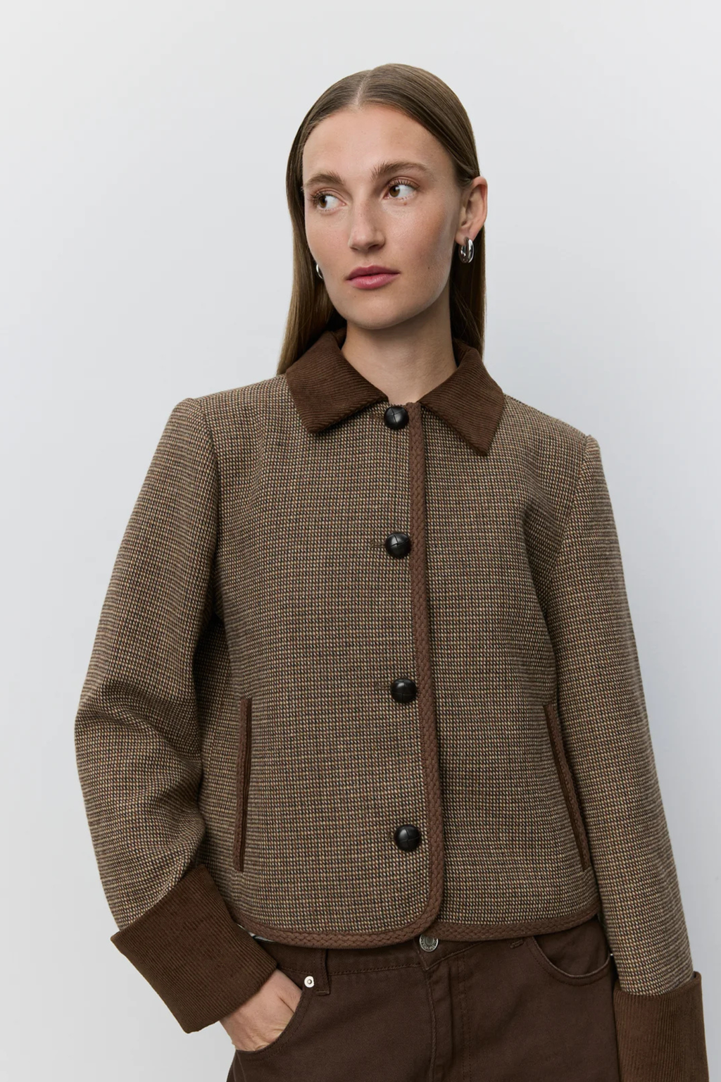 Sofie Schnoor brown check short blazer with corduroy collar – Dotique