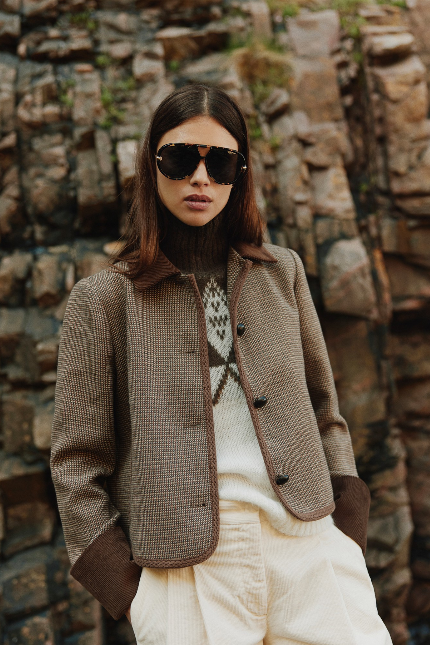 Sofie Schnoor brown check short blazer with corduroy collar – Dotique