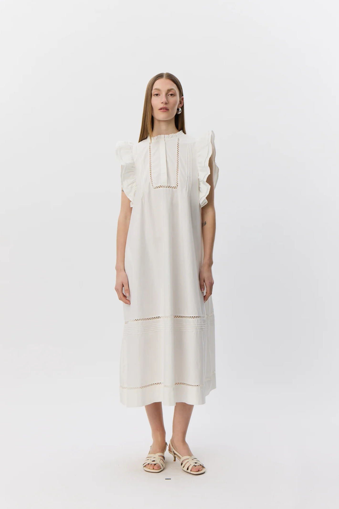 Model wearing Sofie Schnoor Otaniasw Frill Cotton Dress S262147 by Sofie Schnoor, shop Sofie Schnoor at Dotique