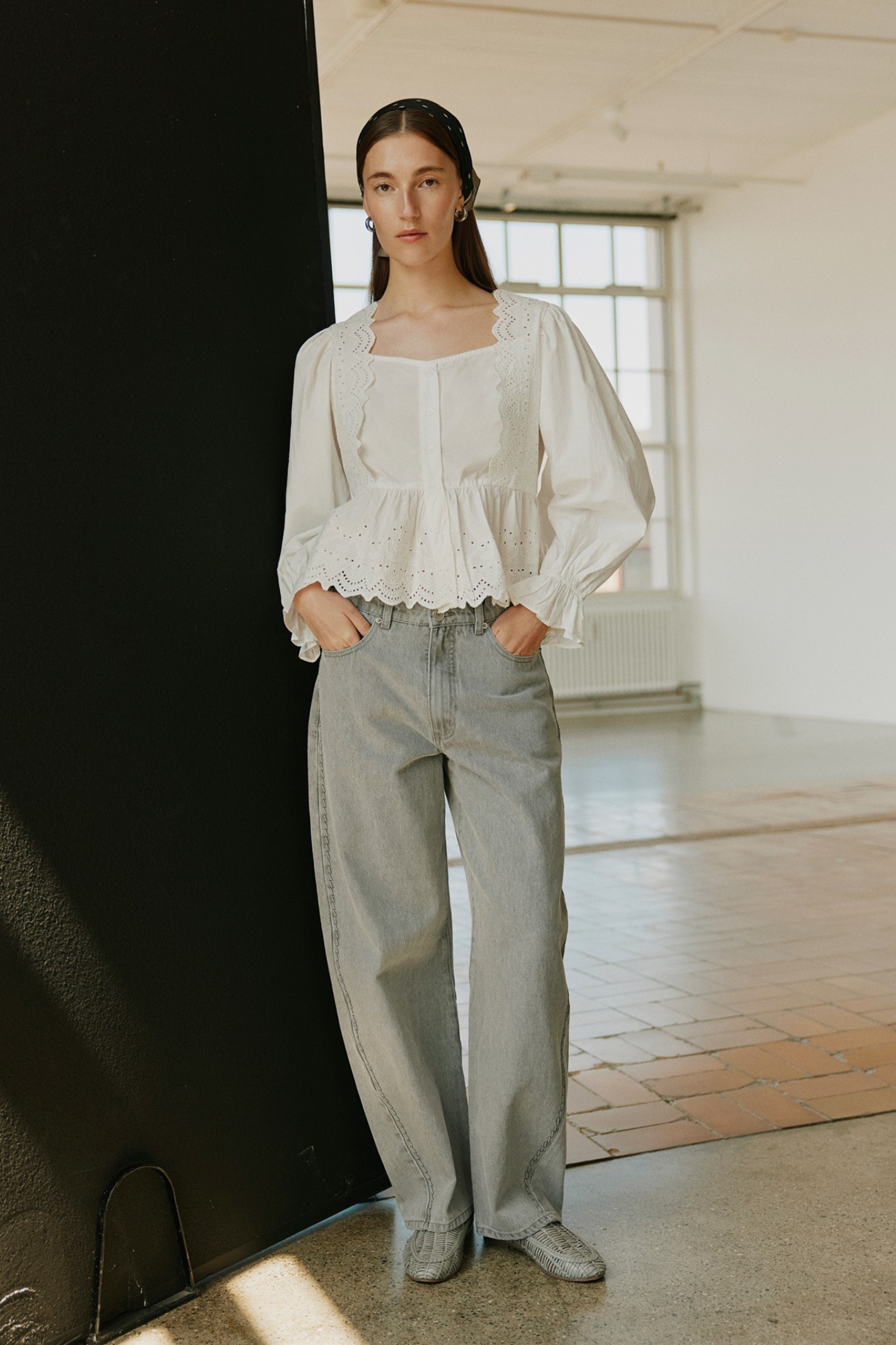 Model wearing Sofie Schnoor S261185 Ariasw Broderie Anglaise Shirt – Off White by Sofie Schnoor, shop Sofie Schnoor at Dotique gallery 1