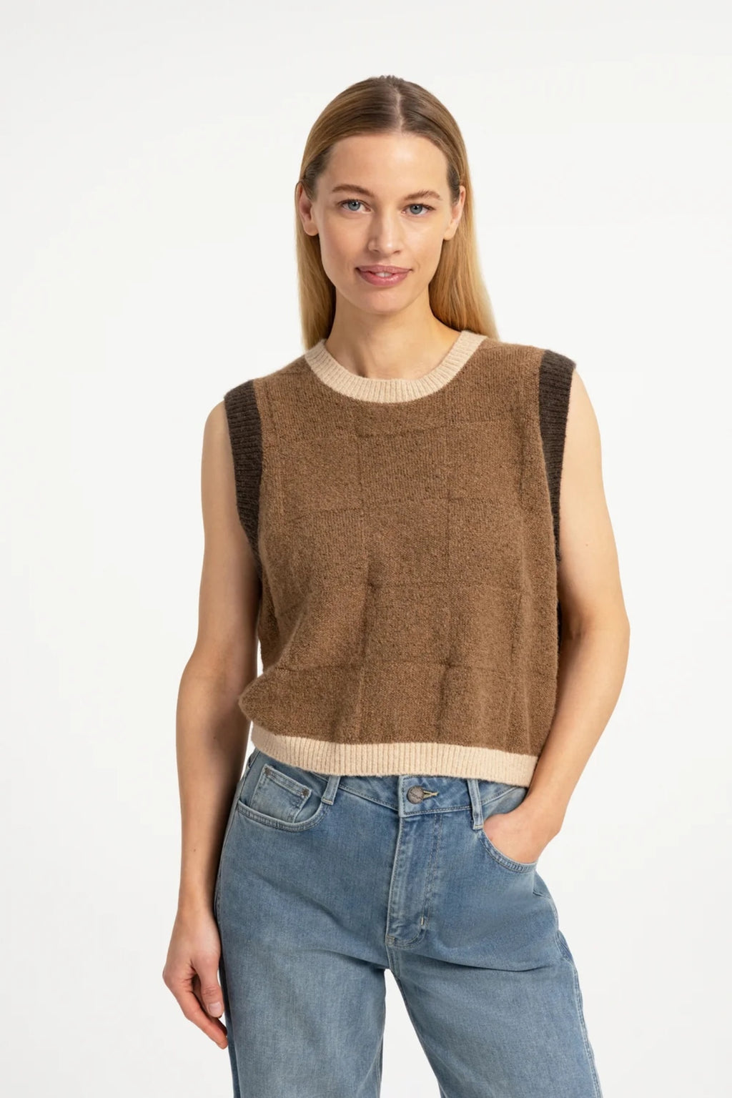 YAYA Spencer Jumper with Check Textured - Otter Brown Dessin 01-000634-609