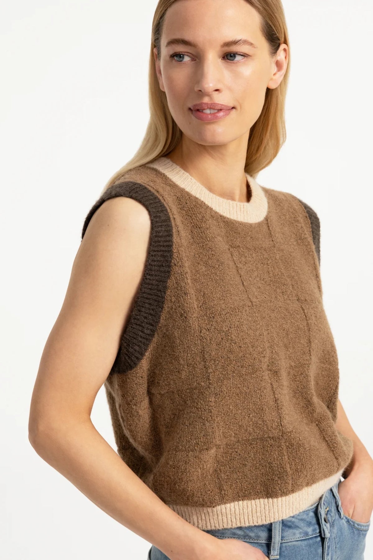 YAYA Spencer Jumper with Check Textured - Otter Brown Dessin 01-000634-609