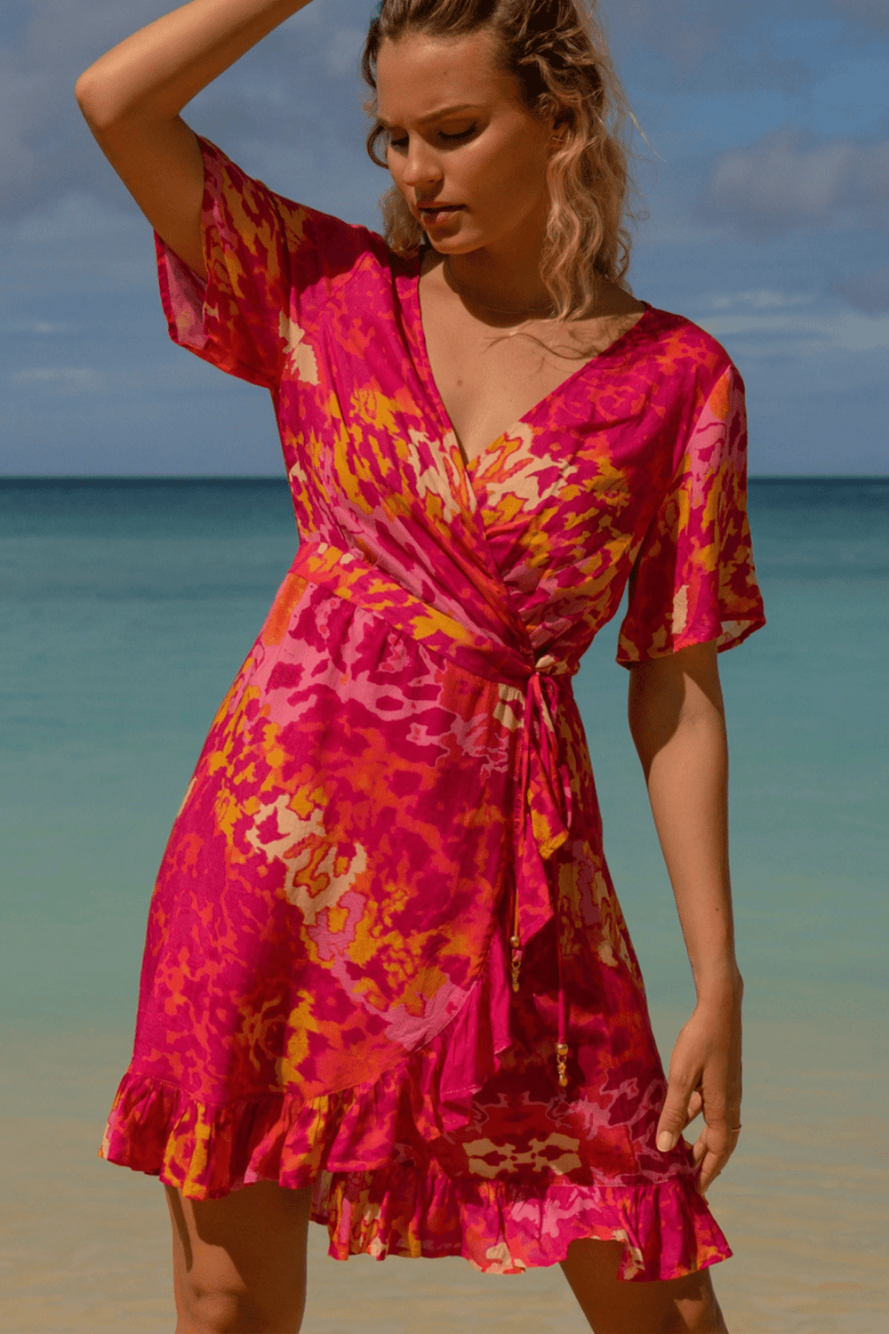 Sophia Alexia Exotic Pink Mini Ruffle Wrap Dress - Dotique