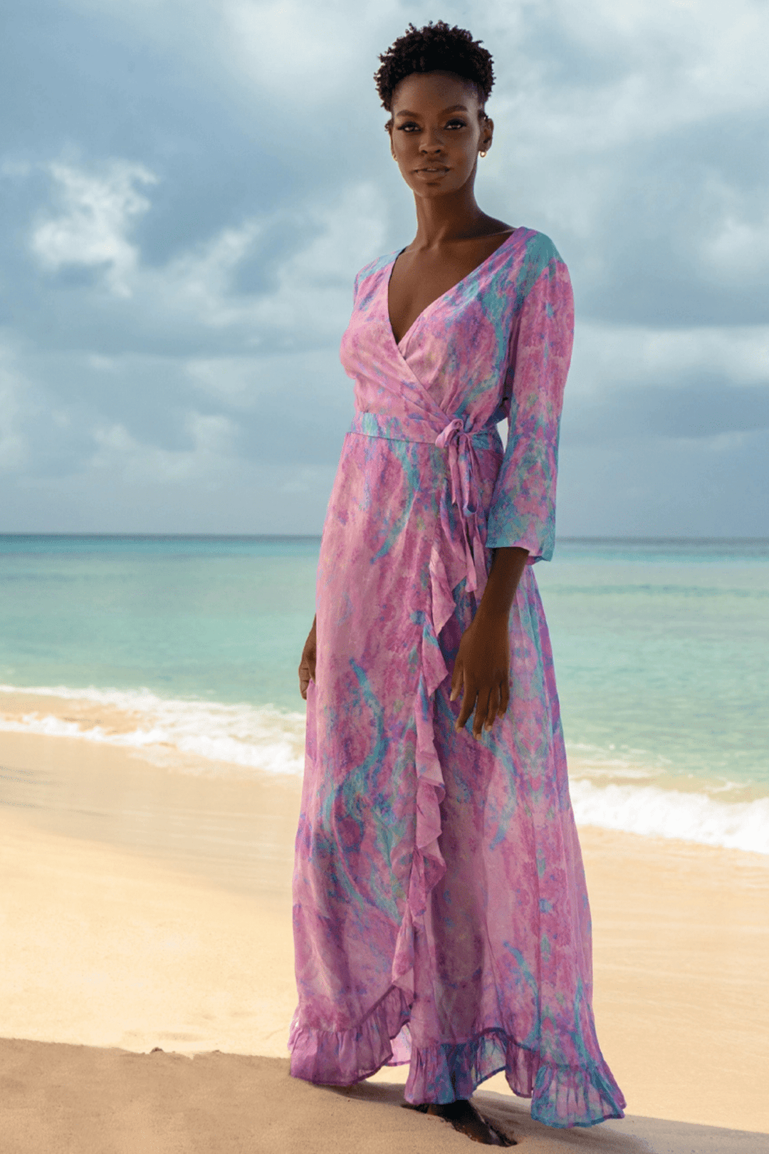 Sophia Alexia Fantasy Pink Maxi Ruffle Wrap Dress (Short) - Dotique