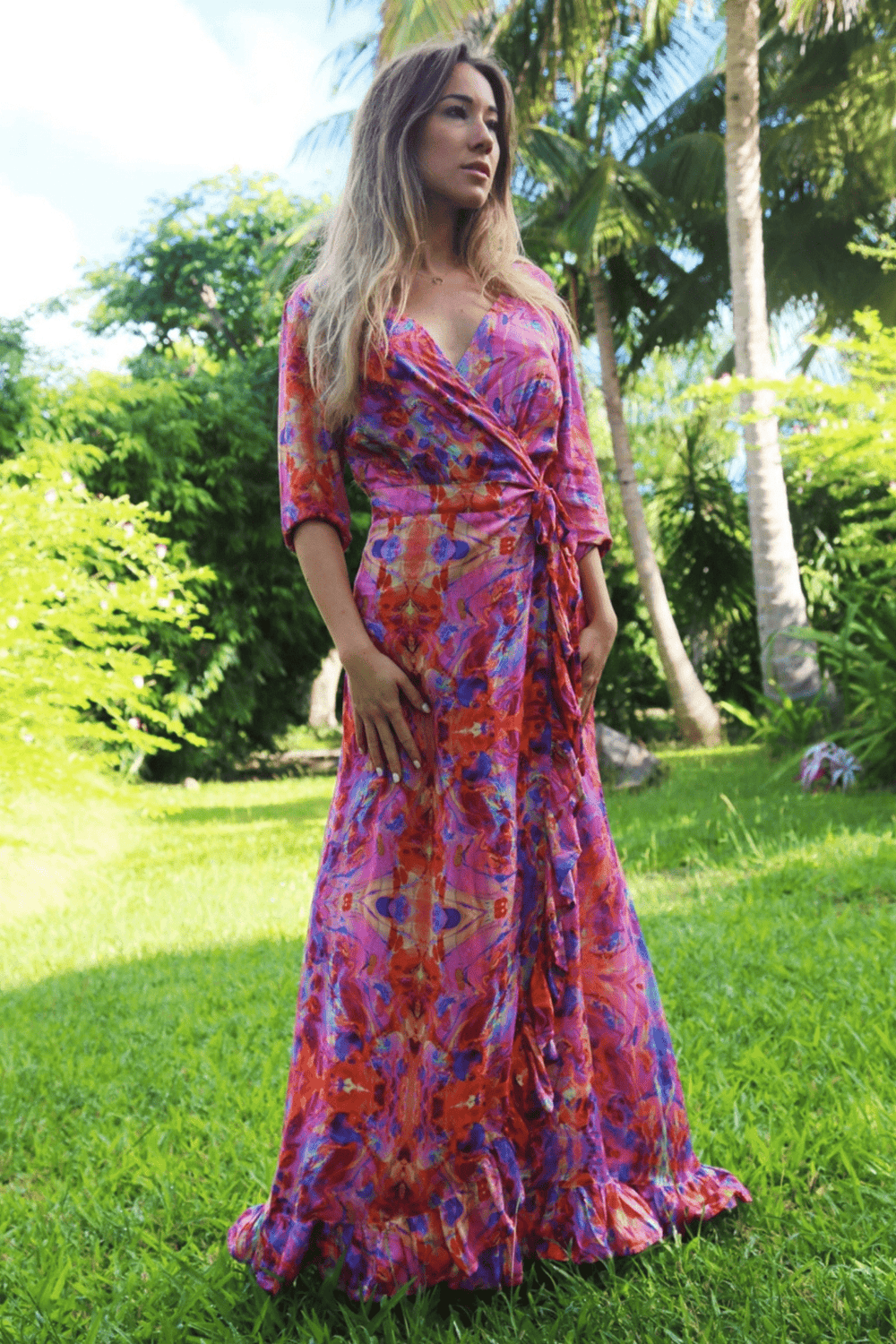 Sophia Alexia Pink Fire Maxi Ruffle Wrap Dress - Dotique