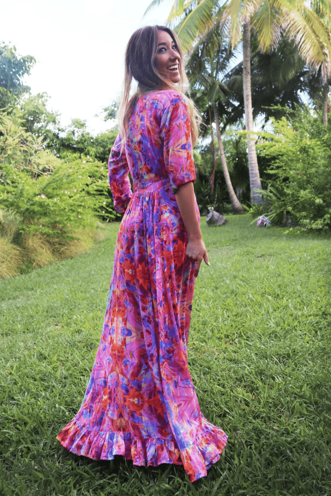 Sophia Alexia Pink Fire Maxi Ruffle Wrap Dress - Dotique