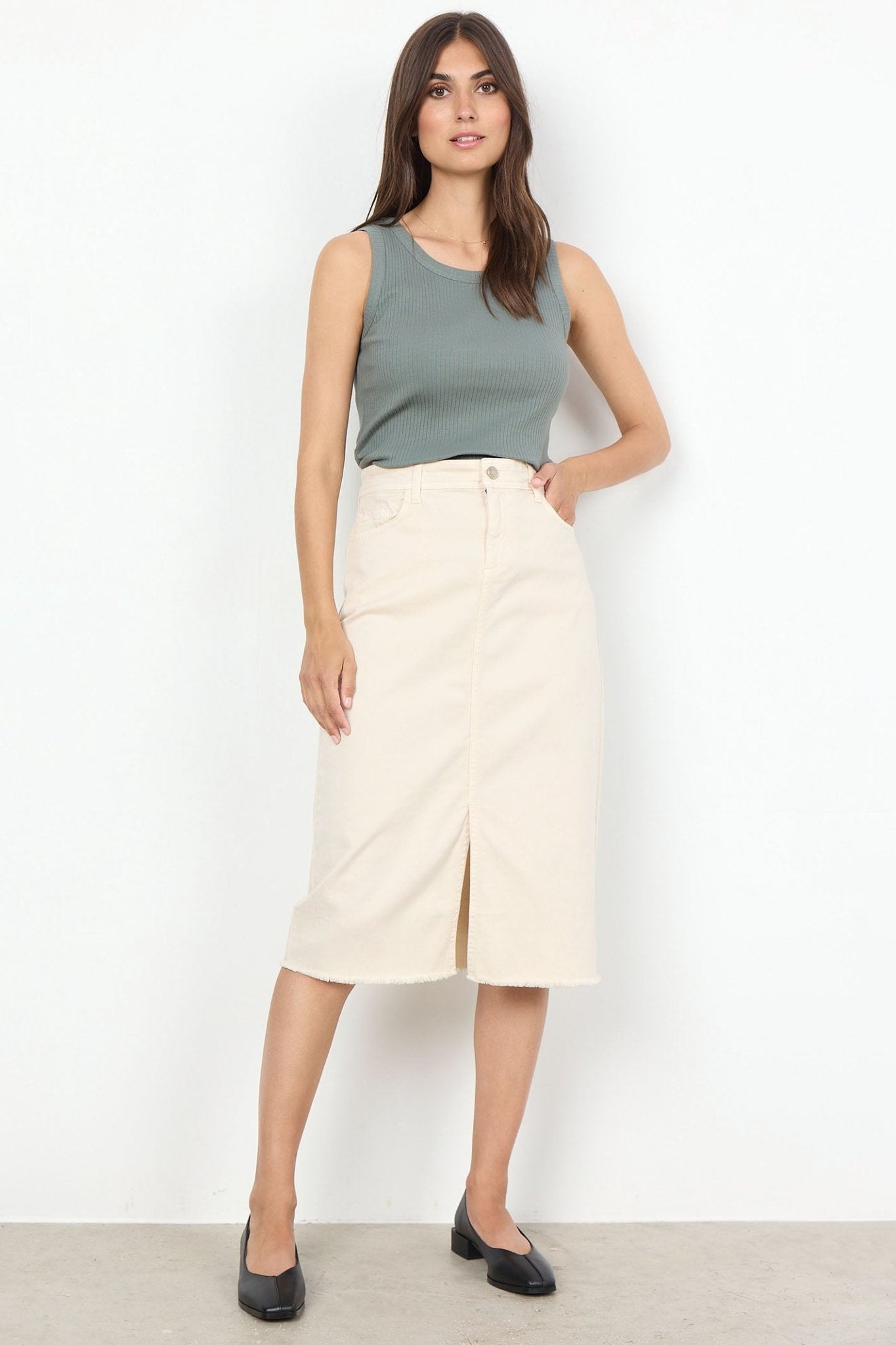 Soya Concept 40570-20 1620-10 SC-Erna 22 Beige Denim Frayed Hem Skirt - Dotique